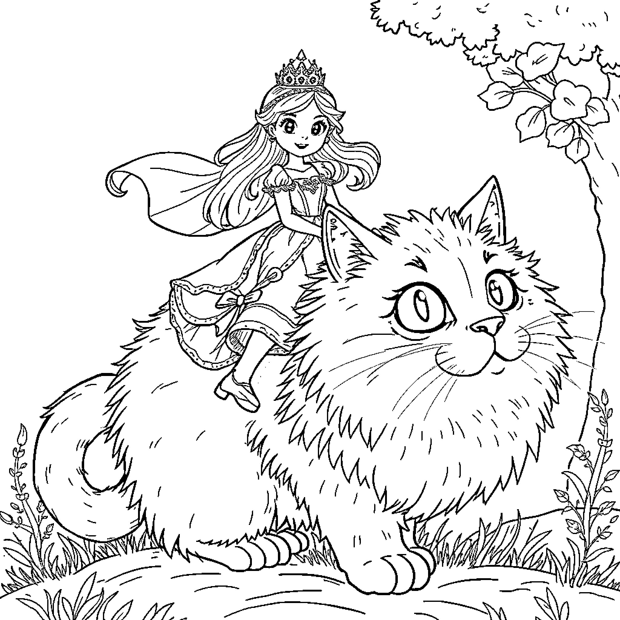 Princess riding a magical fluffy cat in the garden Coloring Page (free black-and-white line drawing printable PDF for all, from beginners to advanced learners, including children, teens, adults, and seniors)