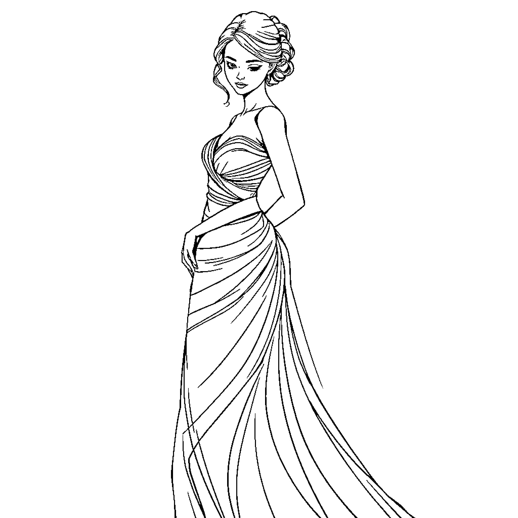 Lady in Elegant Gown Posing Gracefully Coloring Page (free black-and-white line drawing printable PDF for all, from beginners to advanced learners, including children, teens, adults, and seniors)