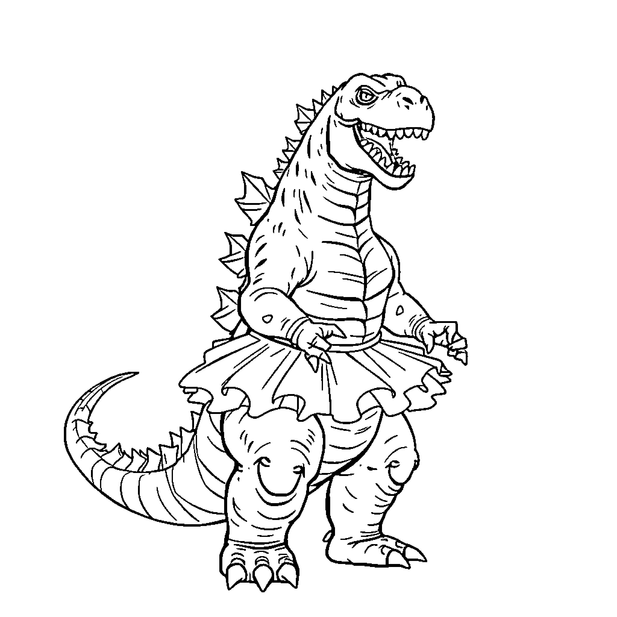 Godzilla wearing a ruffled tutu and striking a pose Coloring Page (free black-and-white line drawing printable PDF for all, from beginners to advanced learners, including children, teens, adults, and seniors)