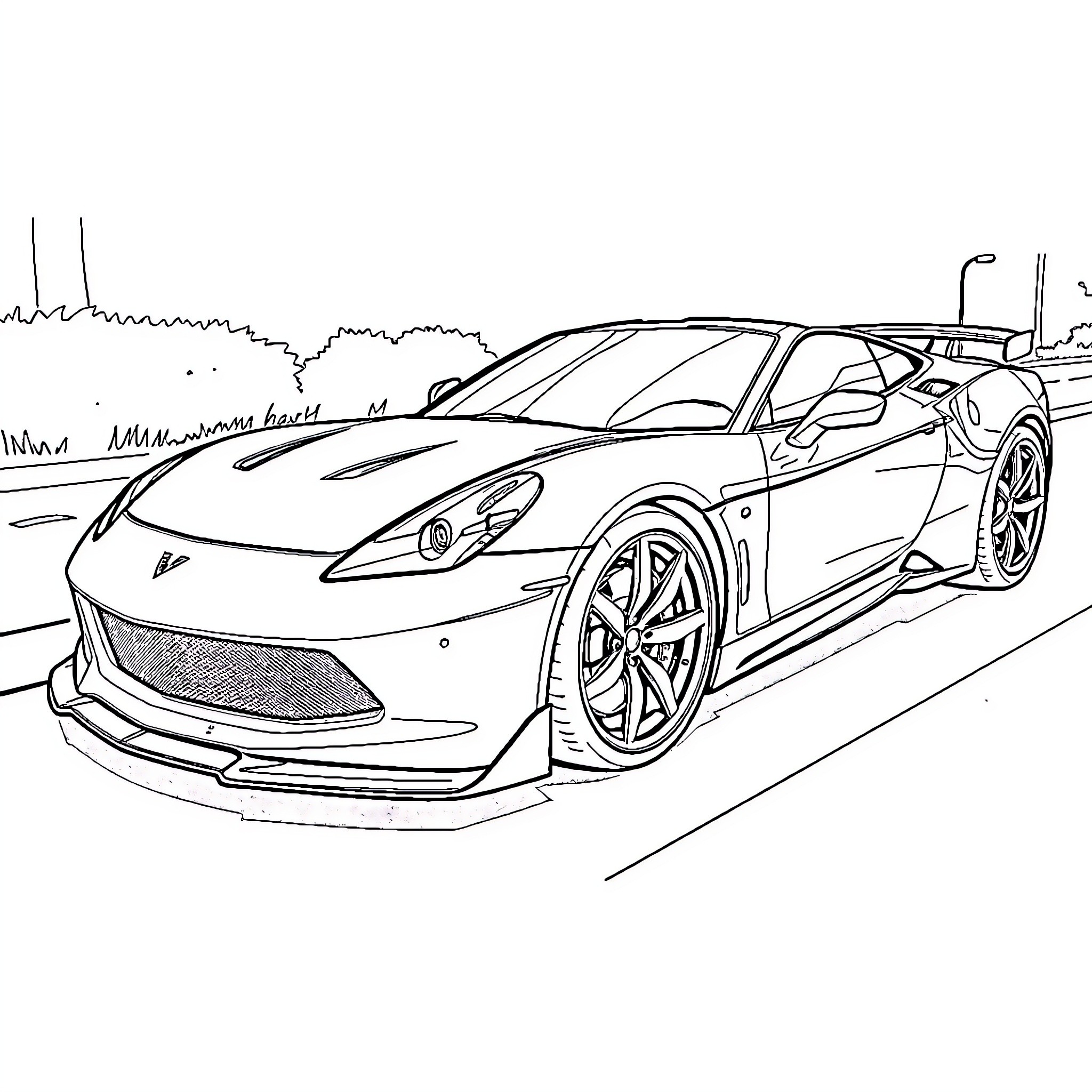 Sports Car Speeding on the Road Coloring Page (free black-and-white line drawing printable PDF for all, from beginners to advanced learners, including children, teens, adults, and seniors)