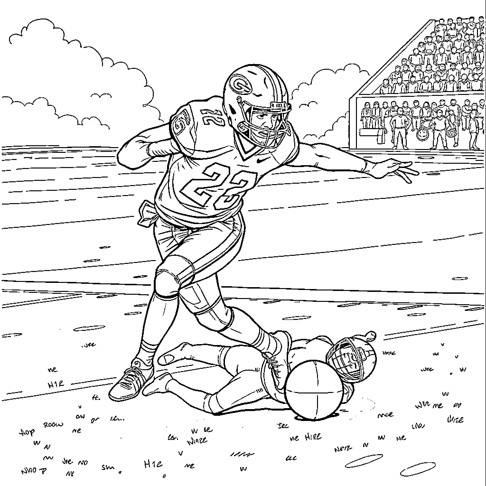 Isaiah Pecheco tackling opponent on football field Coloring Page (free black-and-white line drawing printable PDF for all, from beginners to advanced learners, including children, teens, adults, and seniors)