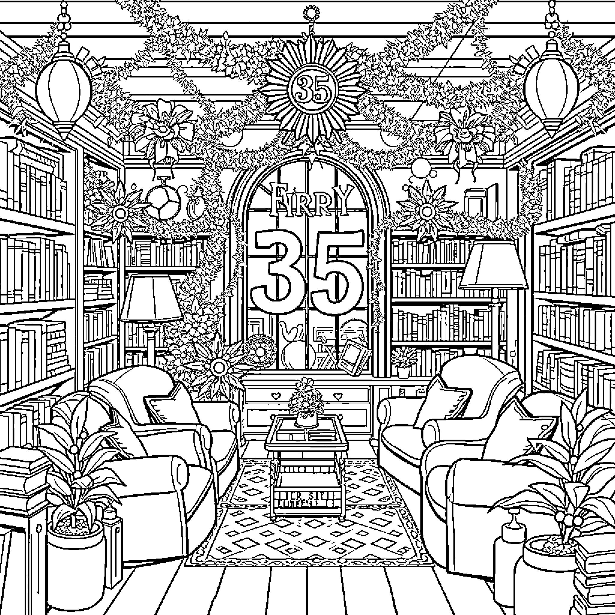 Library filled with decorations celebrating 35th anniversary Coloring Page (free black-and-white line drawing printable PDF for all, from beginners to advanced learners, including children, teens, adults, and seniors)