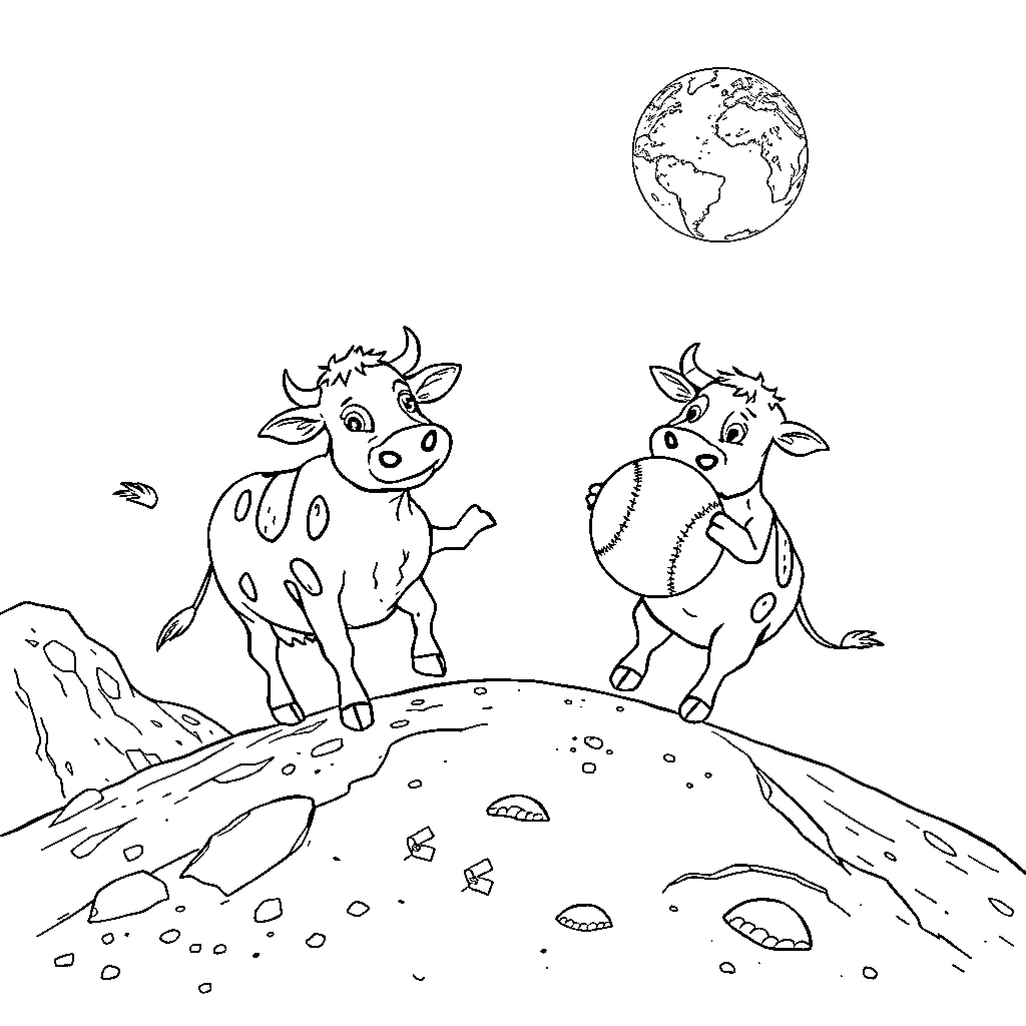 Cow friends exploring the world together Coloring Page (free black-and-white line drawing printable PDF for all, from beginners to advanced learners, including children, teens, adults, and seniors)