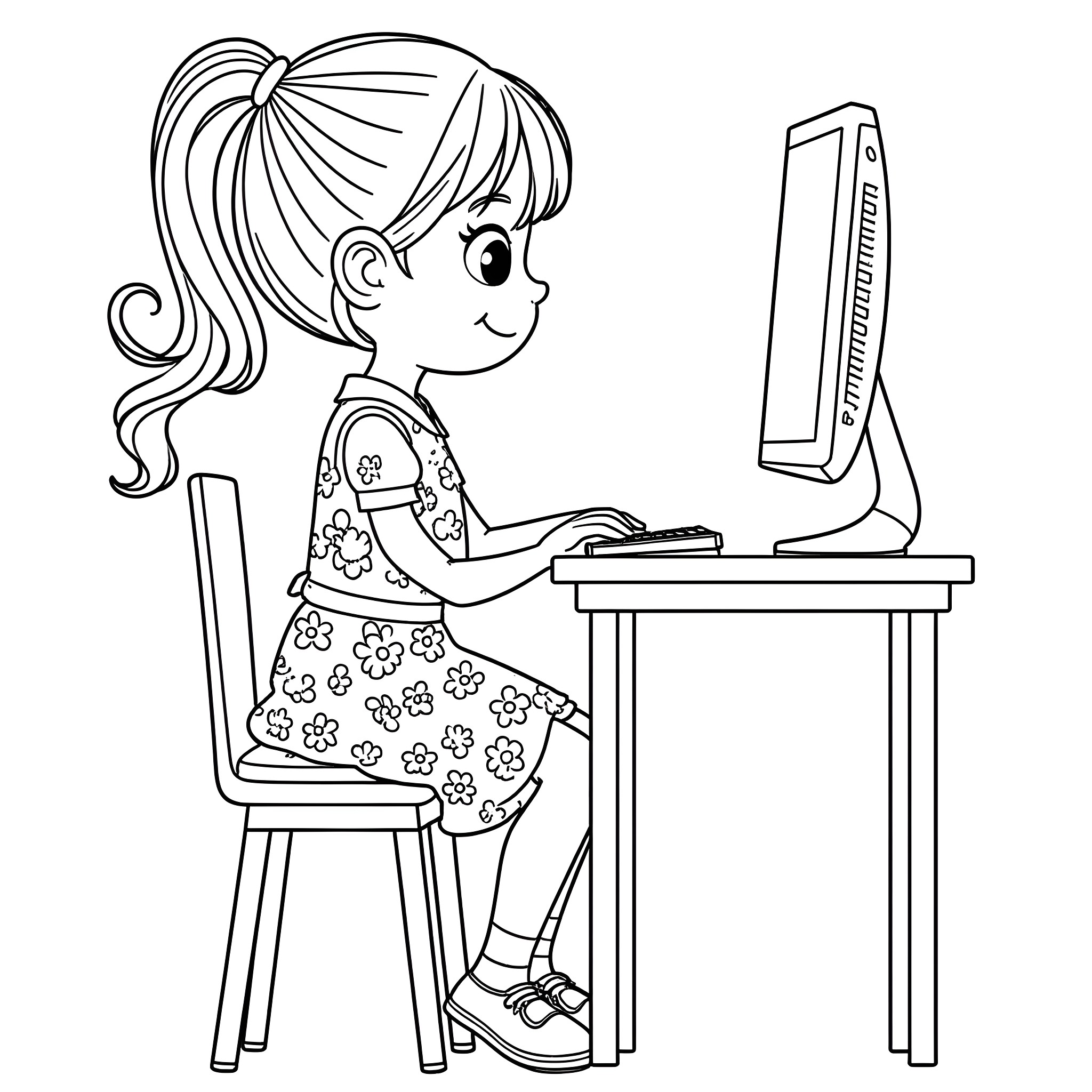 Girl sitting at desk using computer Coloring Page (free black-and-white line drawing printable PDF for all, from beginners to advanced learners, including children, teens, adults, and seniors)