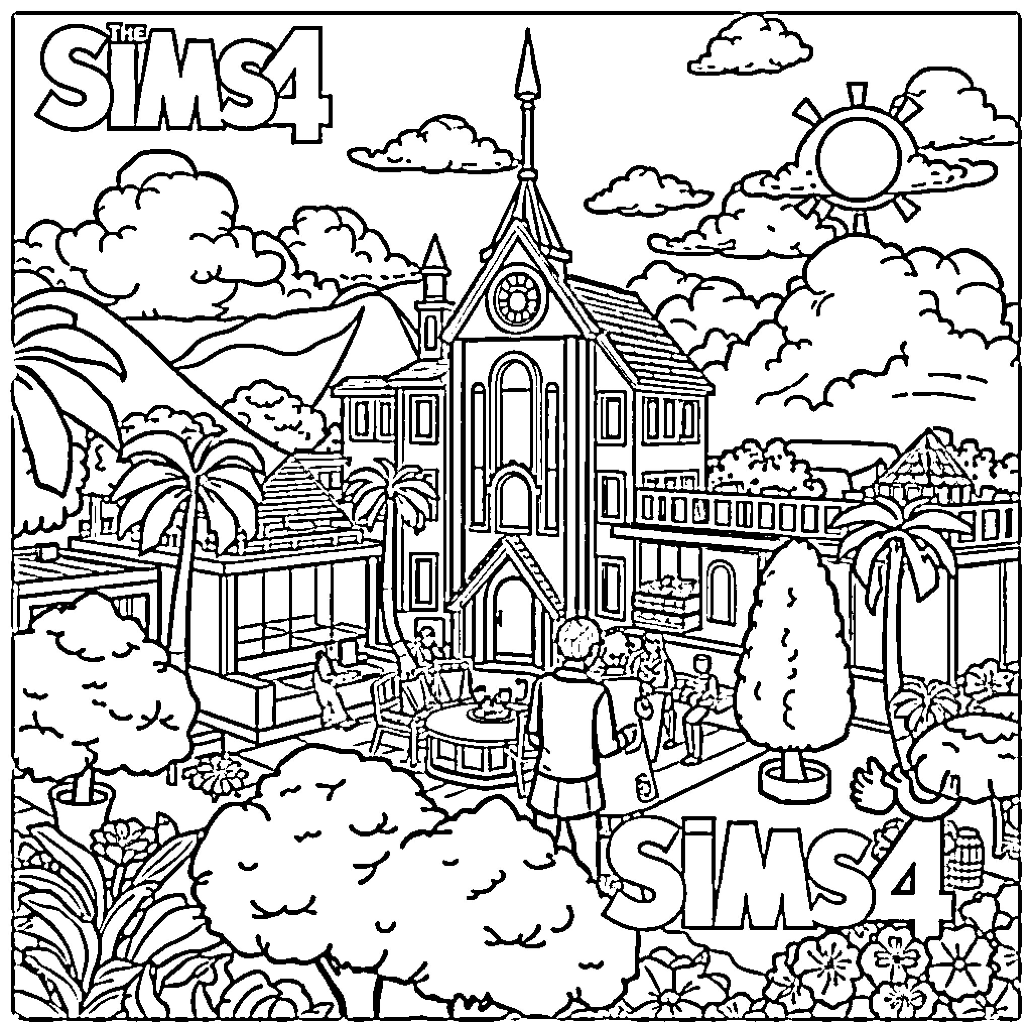 Sims exploring a vibrant town with iconic architecture Coloring Page (free black-and-white line drawing printable PDF for all, from beginners to advanced learners, including children, teens, adults, and seniors)