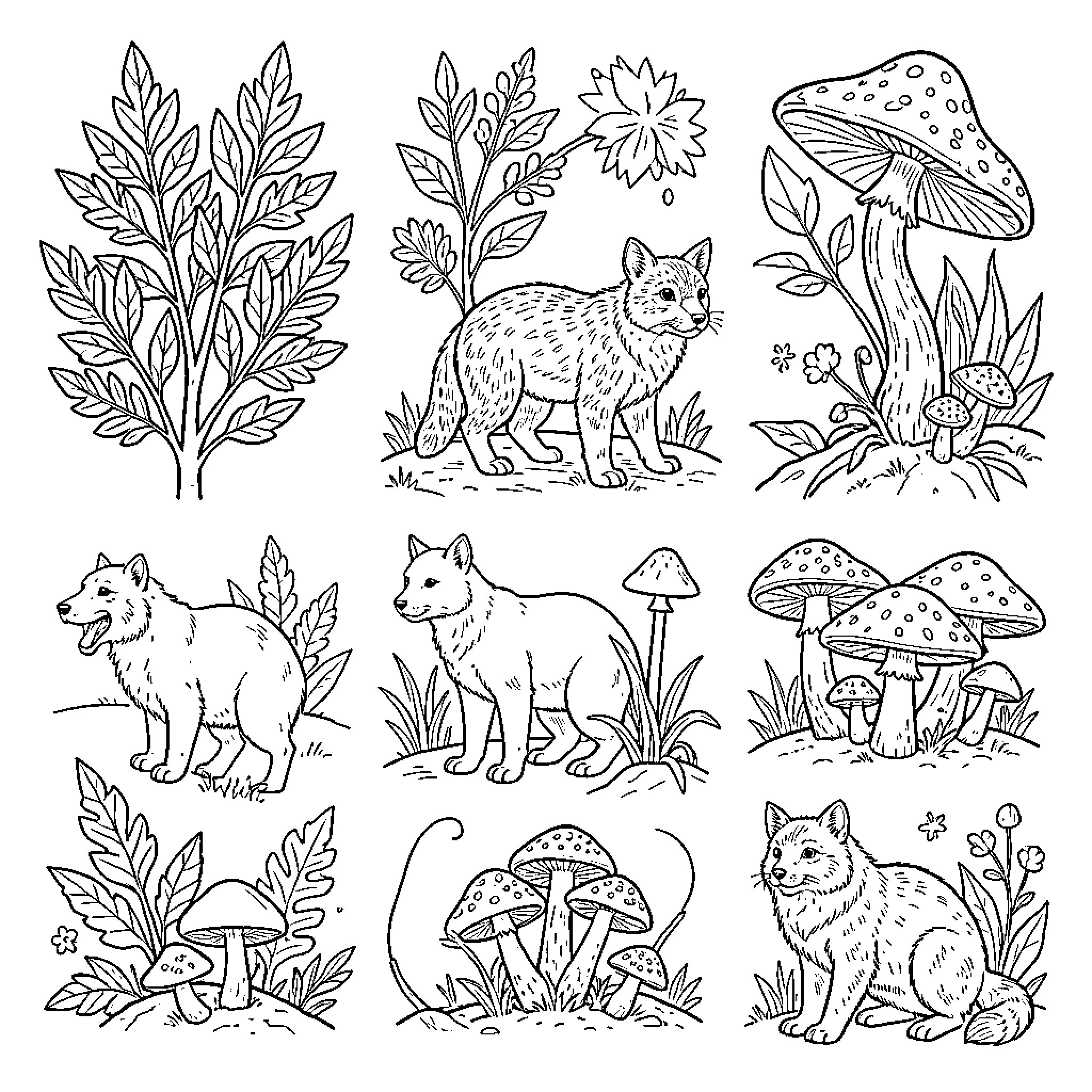 Seres Vivos exploring nature among plants and mushrooms Coloring Page (free black-and-white line drawing printable PDF for all, from beginners to advanced learners, including children, teens, adults, and seniors)