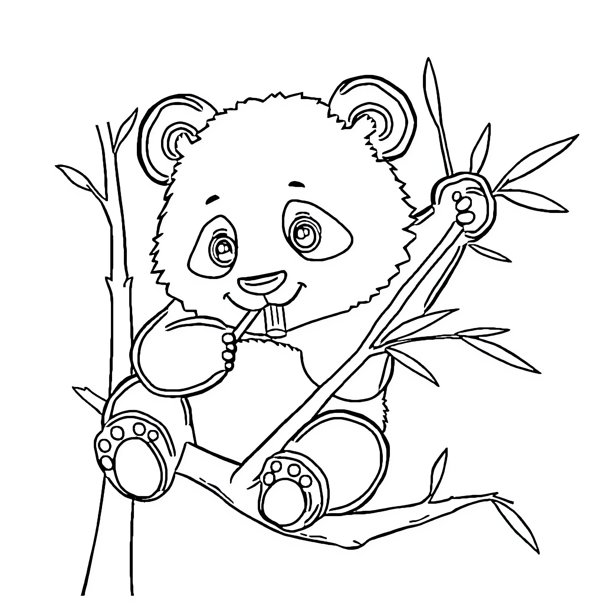 Panda playing happily in bamboo forest Coloring Page (free black-and-white line drawing printable PDF for all, from beginners to advanced learners, including children, teens, adults, and seniors)