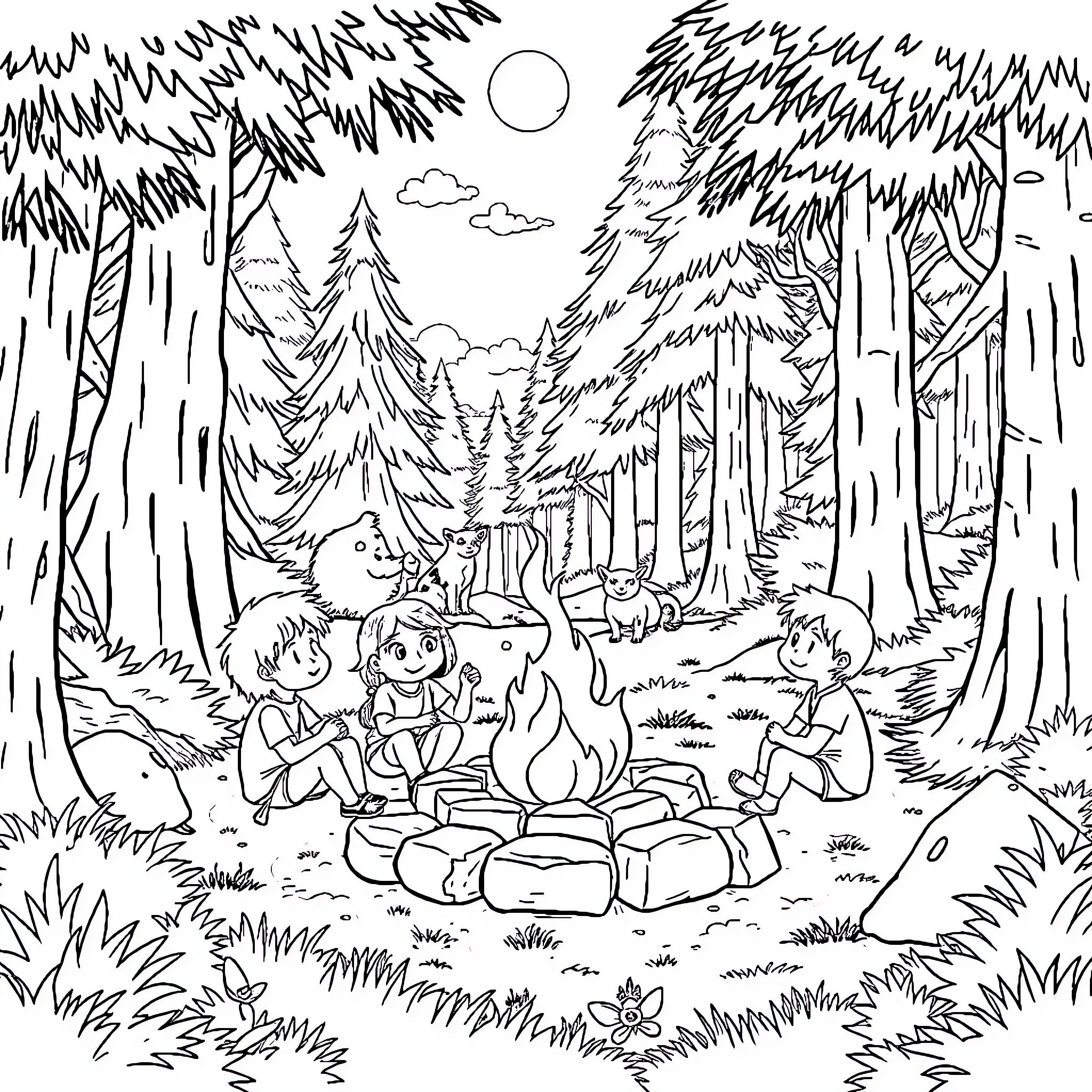 Kid's camping adventure in the woodland forest Coloring Page (free black-and-white line drawing printable PDF for all, from beginners to advanced learners, including children, teens, adults, and seniors)