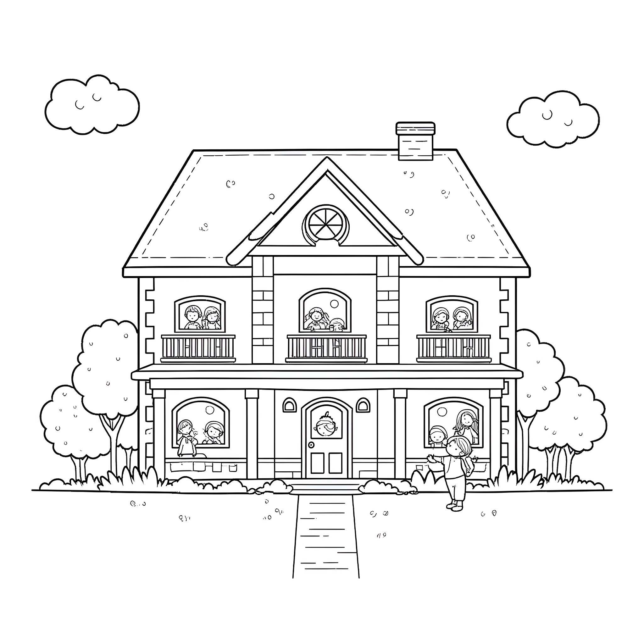 Loud House: Family home with lively kids Coloring Page (free black-and-white line drawing printable PDF for all, from beginners to advanced learners, including children, teens, adults, and seniors)