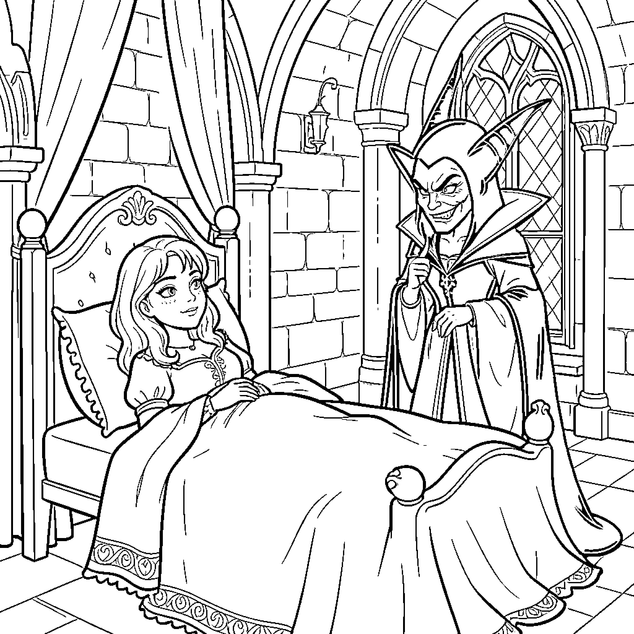 Sleeping Beauty watching a mysterious figure enter her room Coloring Page (free black-and-white line drawing printable PDF for all, from beginners to advanced learners, including children, teens, adults, and seniors)