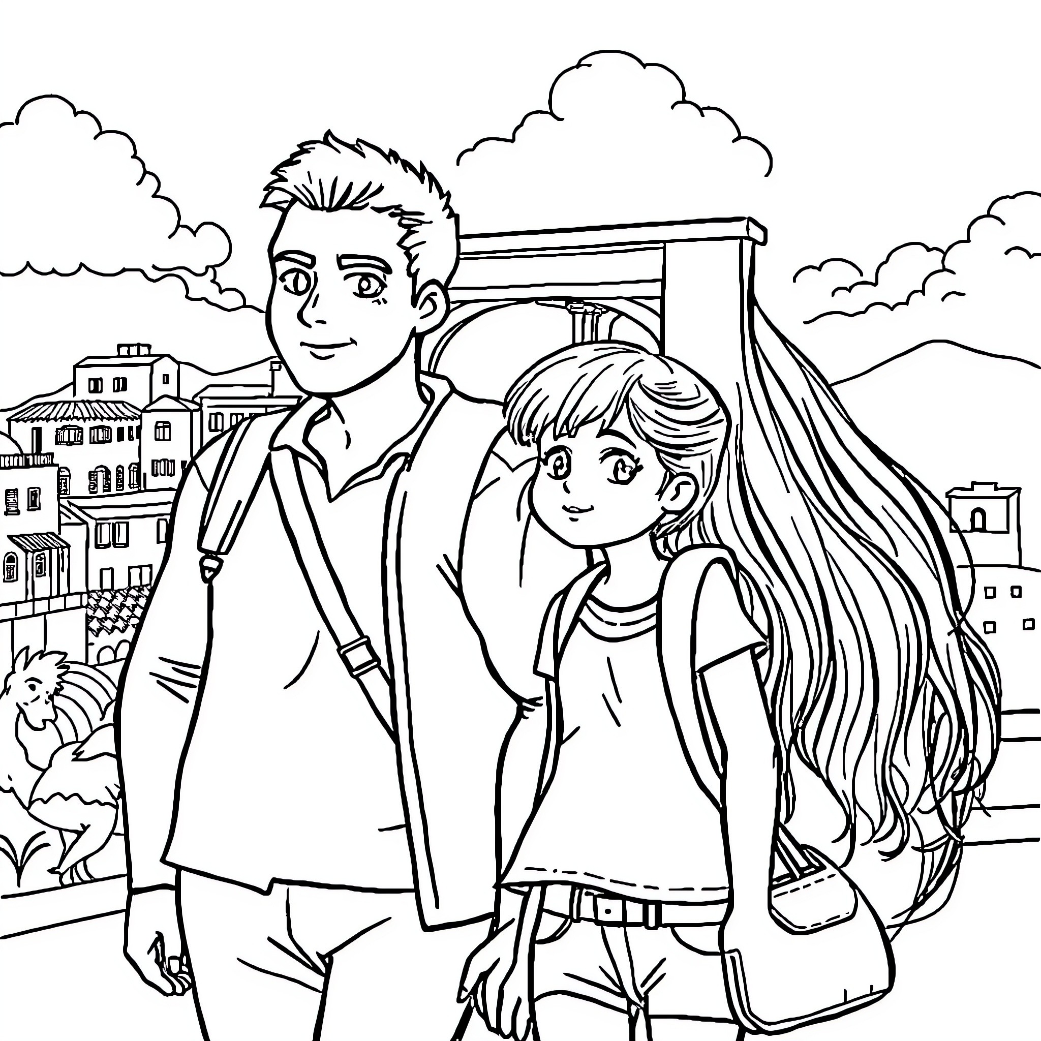 Fille and her companion exploring the city Coloring Page (free black-and-white line drawing printable PDF for all, from beginners to advanced learners, including children, teens, adults, and seniors)