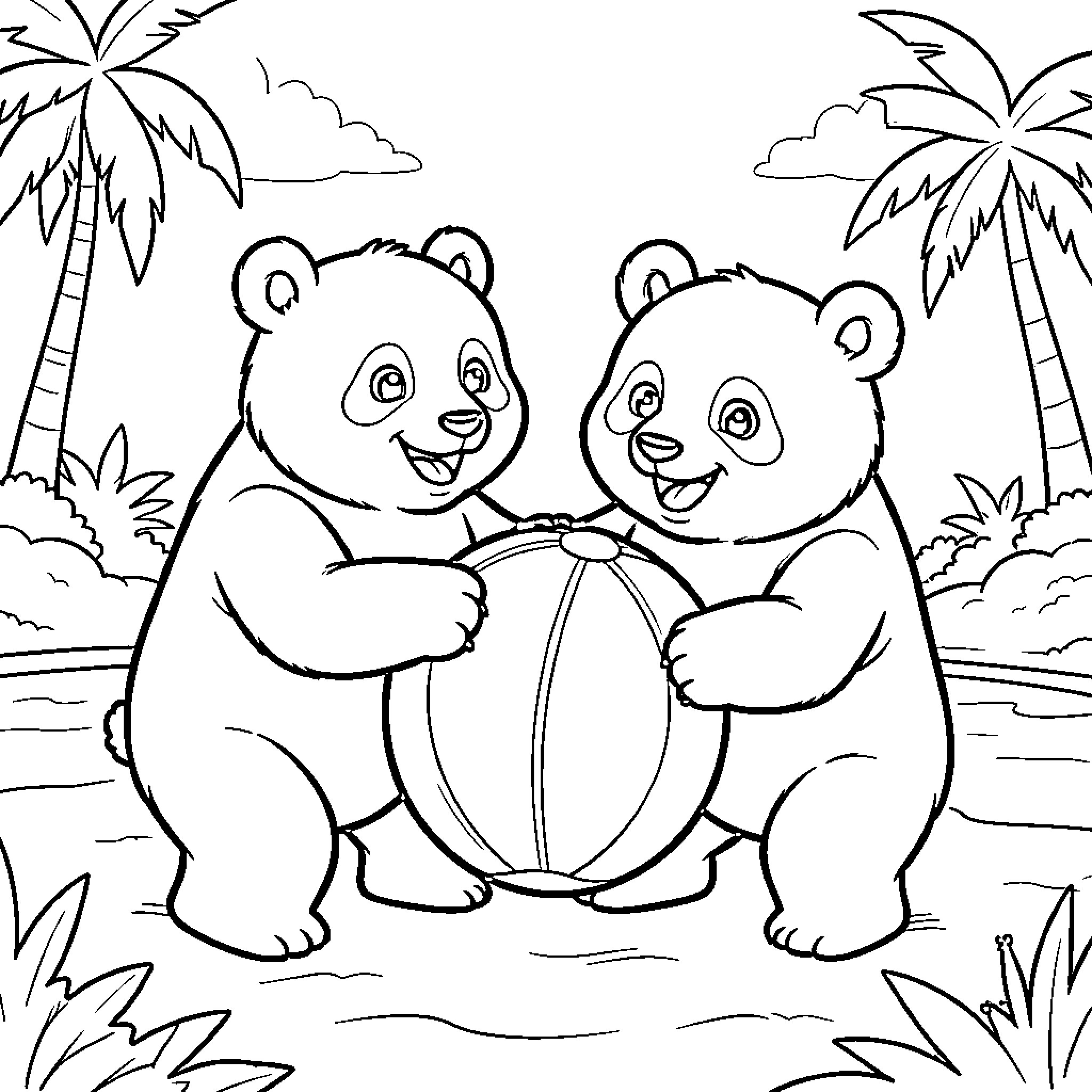 Panda bears playing with beach ball in tropical scene Coloring Page (free black-and-white line drawing printable PDF for all, from beginners to advanced learners, including children, teens, adults, and seniors)