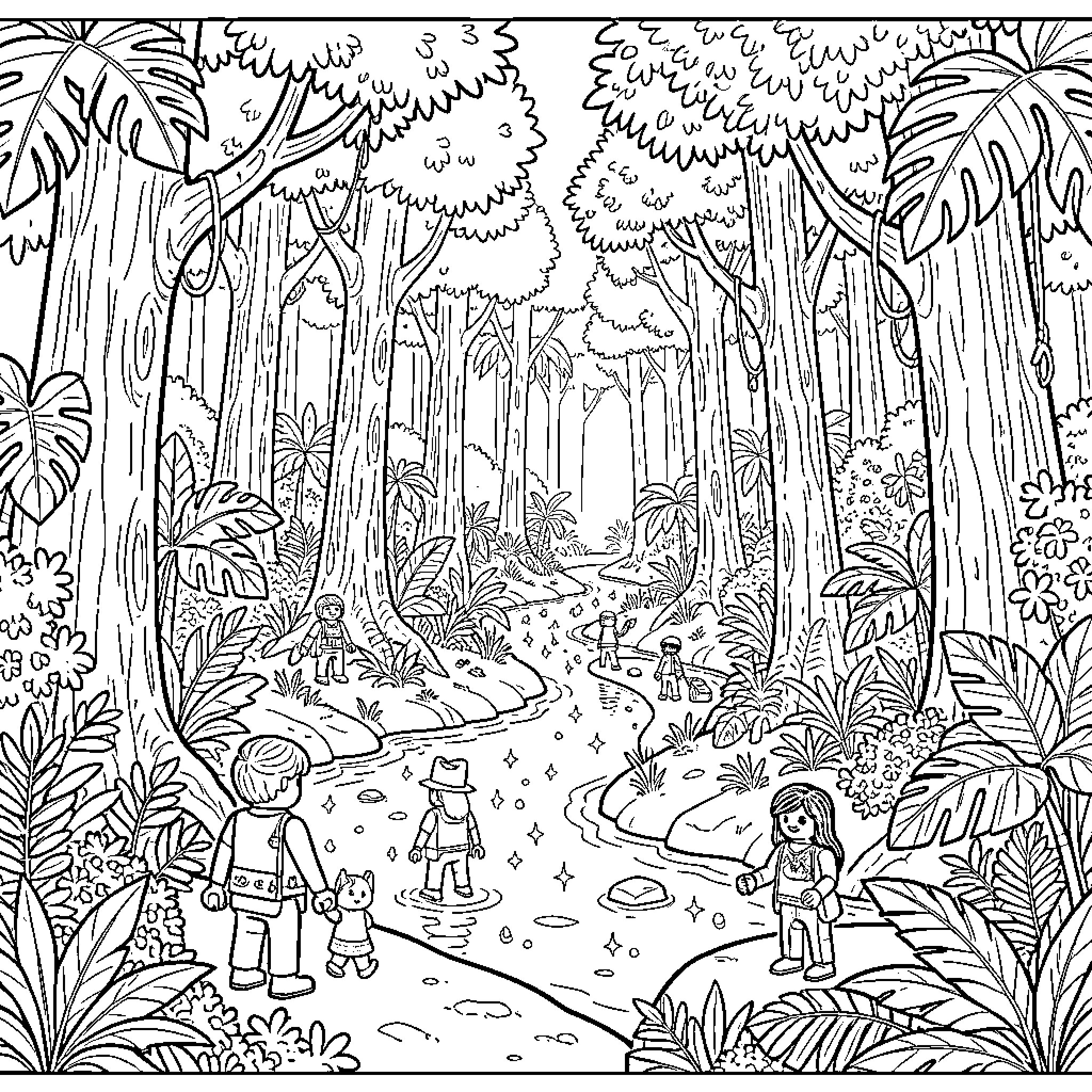 Playmobil characters exploring magical forest Coloring Page (free black-and-white line drawing printable PDF for all, from beginners to advanced learners, including children, teens, adults, and seniors)
