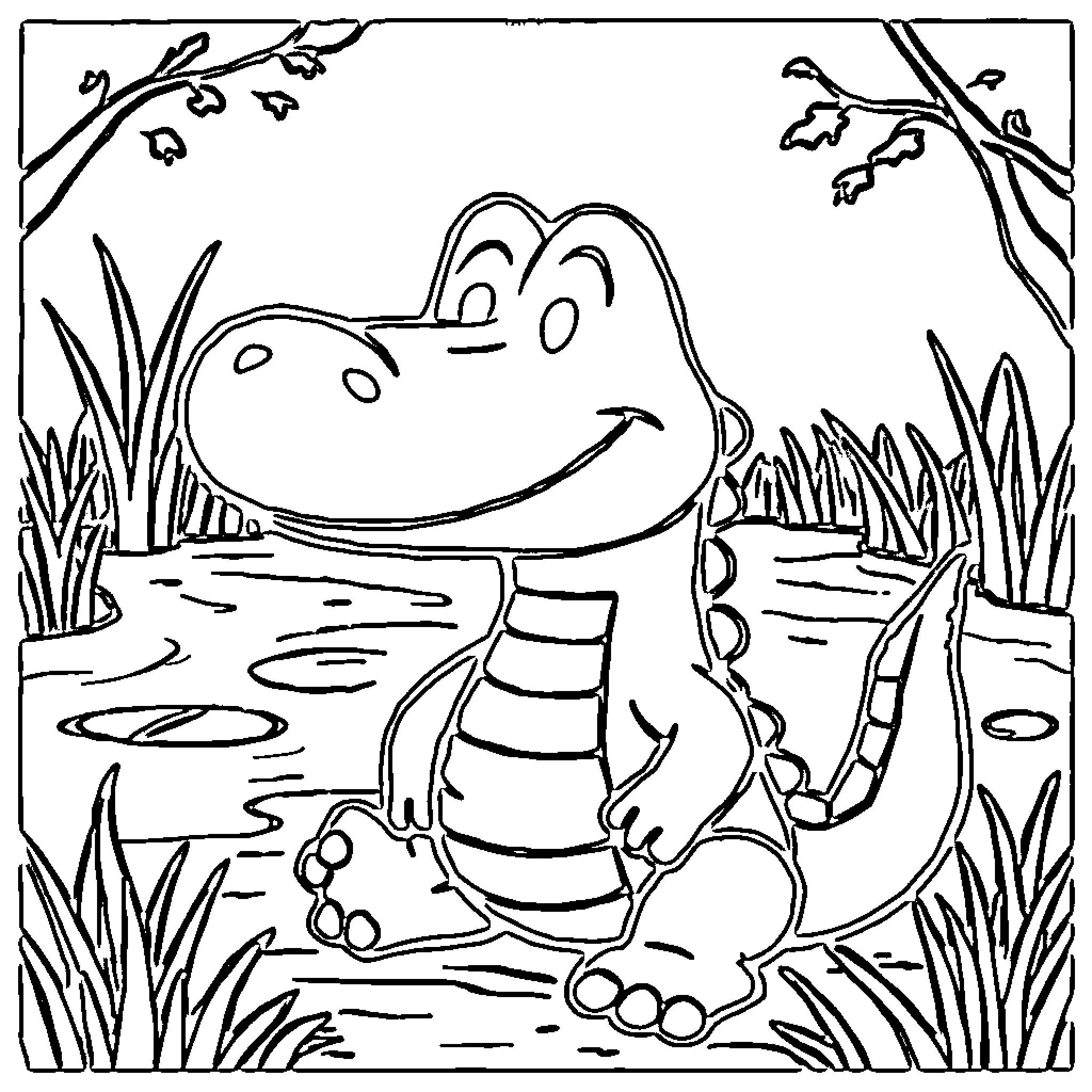 Alligator smiling in the swamp Coloring Page (free black-and-white line drawing printable PDF for all, from beginners to advanced learners, including children, teens, adults, and seniors)