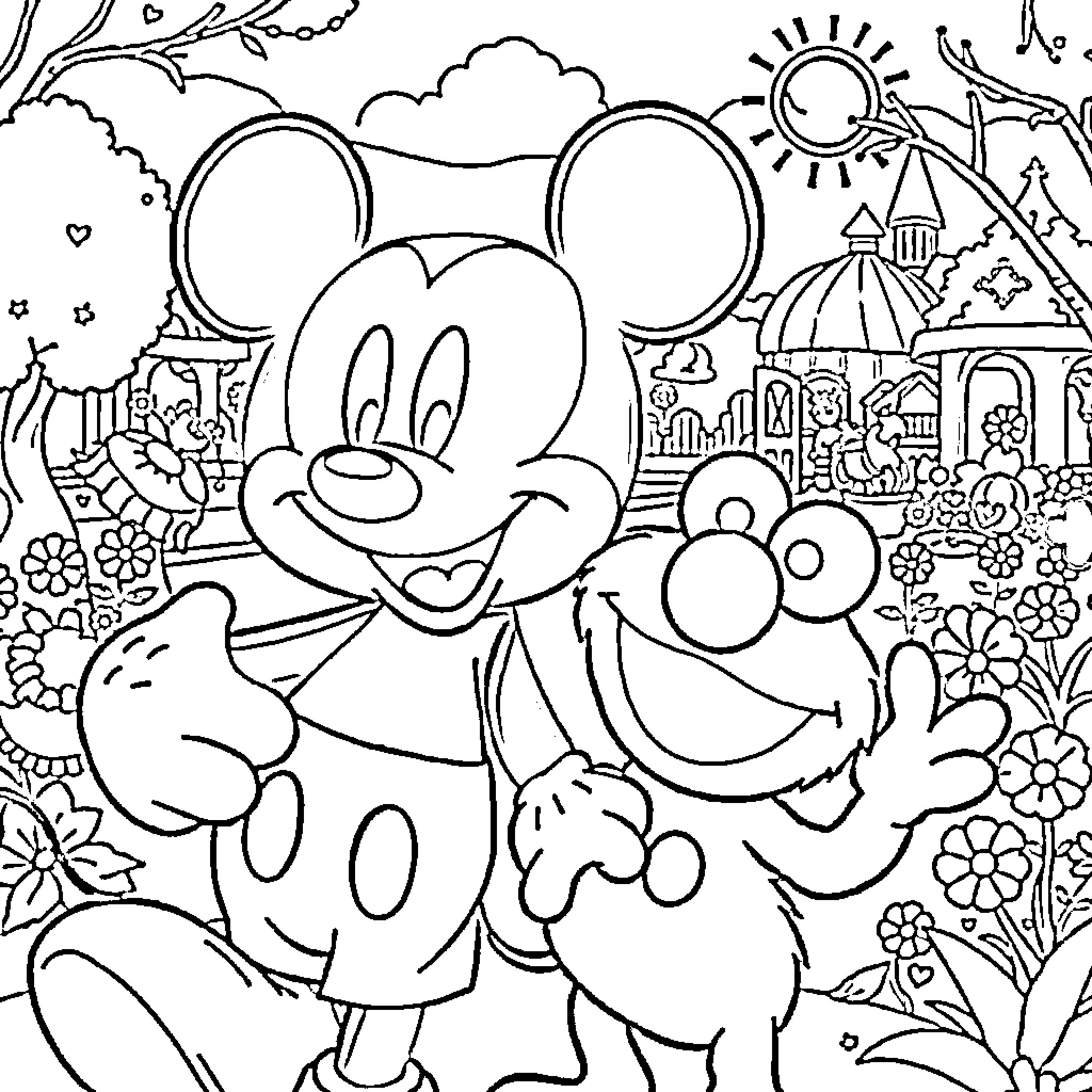 Mickey Mouse enjoying a day at the amusement park Coloring Page (free black-and-white line drawing printable PDF for all, from beginners to advanced learners, including children, teens, adults, and seniors)