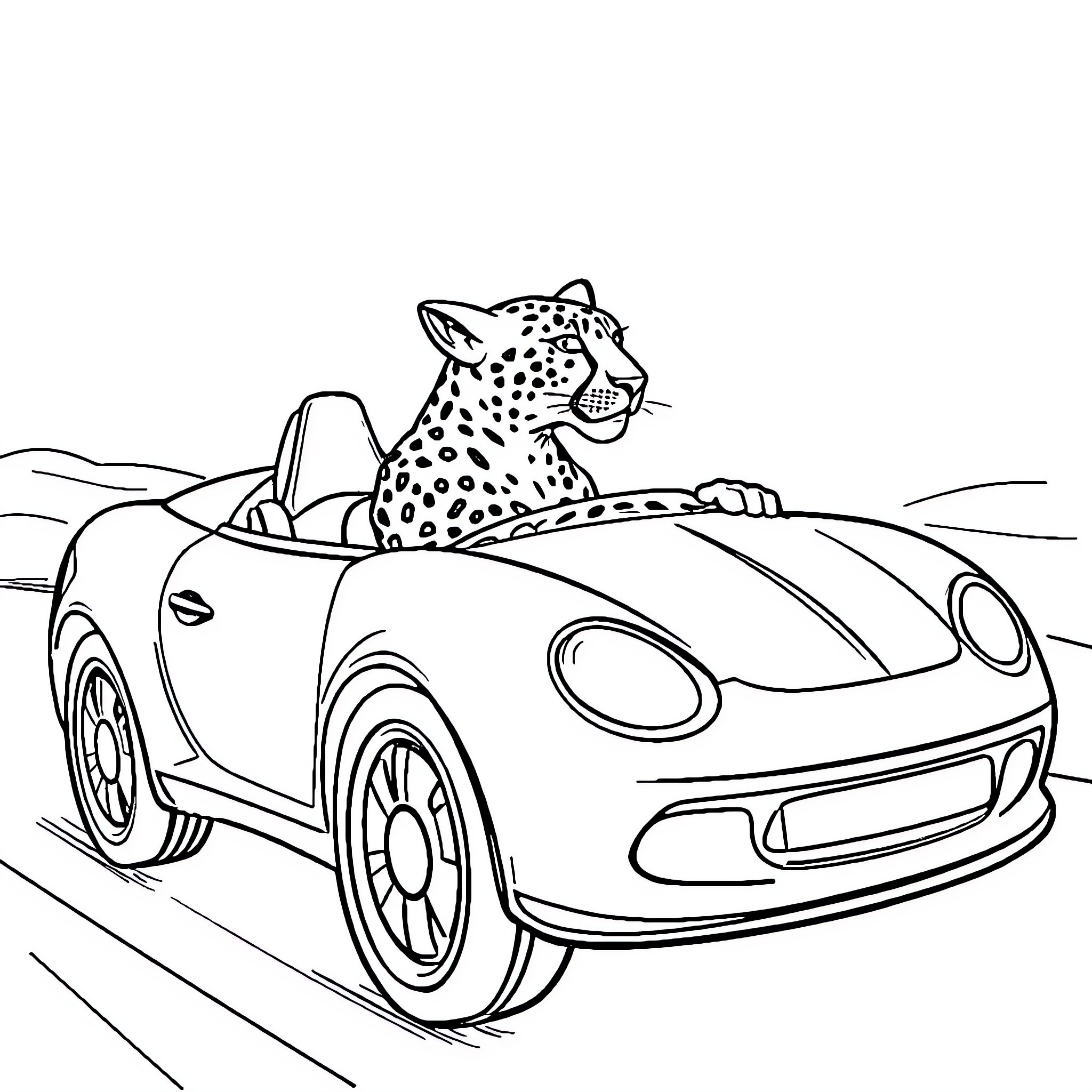 Cheetah driving a sports car on the road Coloring Page (free black-and-white line drawing printable PDF for all, from beginners to advanced learners, including children, teens, adults, and seniors)