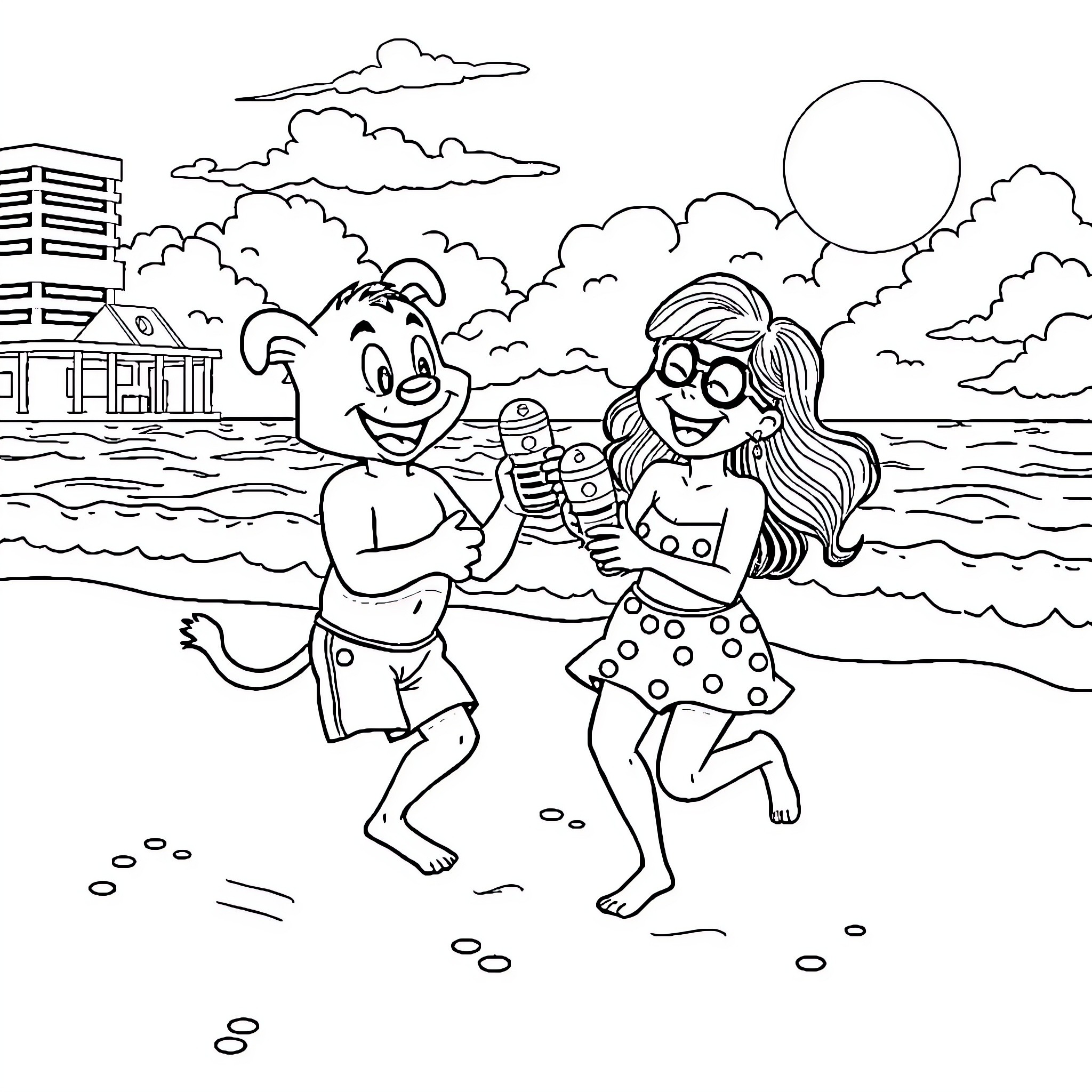 Bluey characters enjoying a day at the beach Coloring Page (free black-and-white line drawing printable PDF for all, from beginners to advanced learners, including children, teens, adults, and seniors)