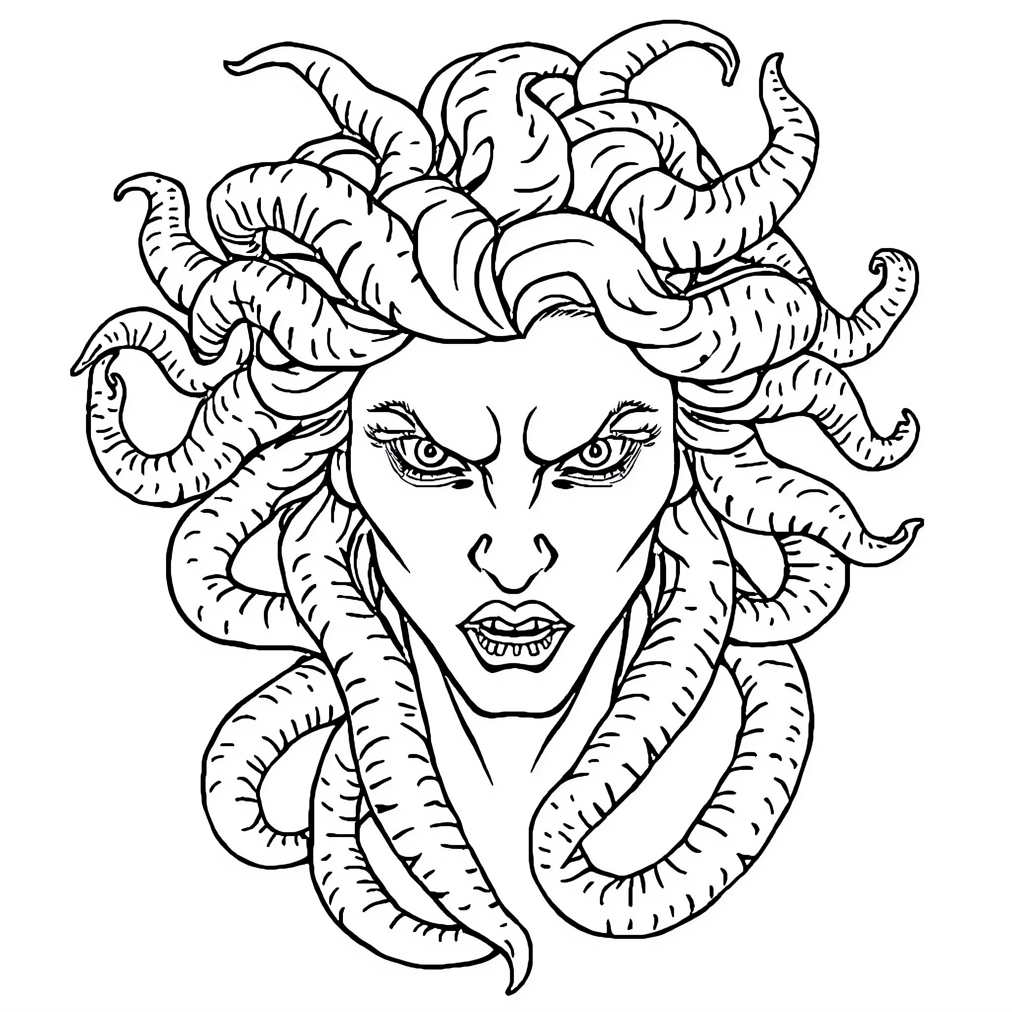 Medusa's Fearsome Gaze Coloring Page (free black-and-white line drawing printable PDF for all, from beginners to advanced learners, including children, teens, adults, and seniors)