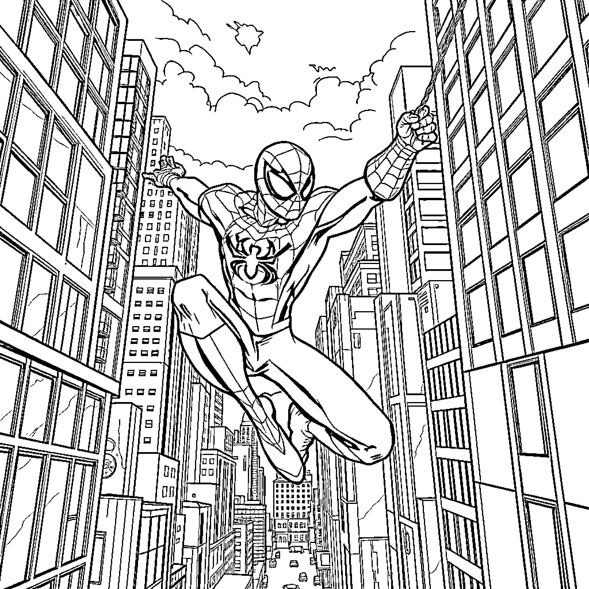 Spiderman swinging through the city skyline Coloring Page (free black-and-white line drawing printable PDF for all, from beginners to advanced learners, including children, teens, adults, and seniors)