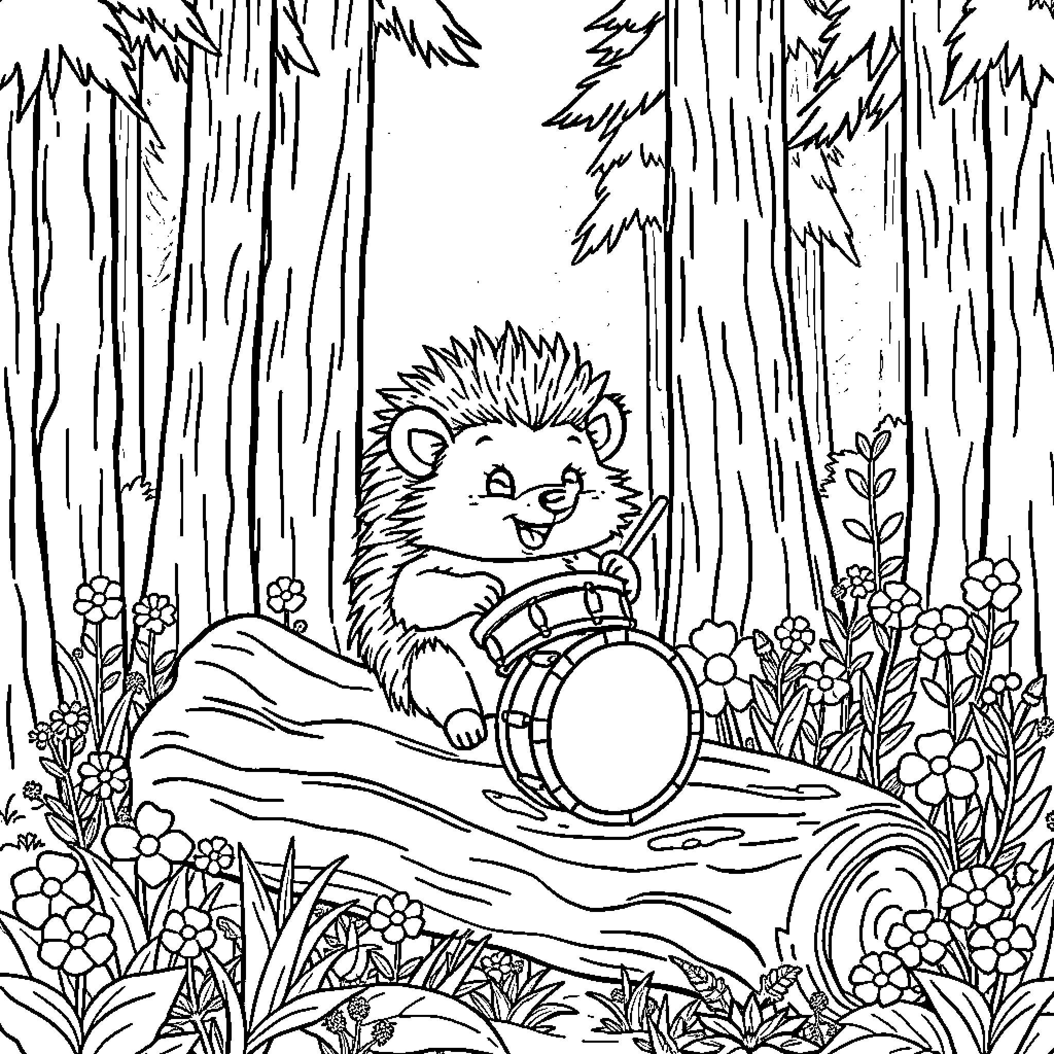Hedgehog playing a drum in the forest Coloring Page (free black-and-white line drawing printable PDF for all, from beginners to advanced learners, including children, teens, adults, and seniors)