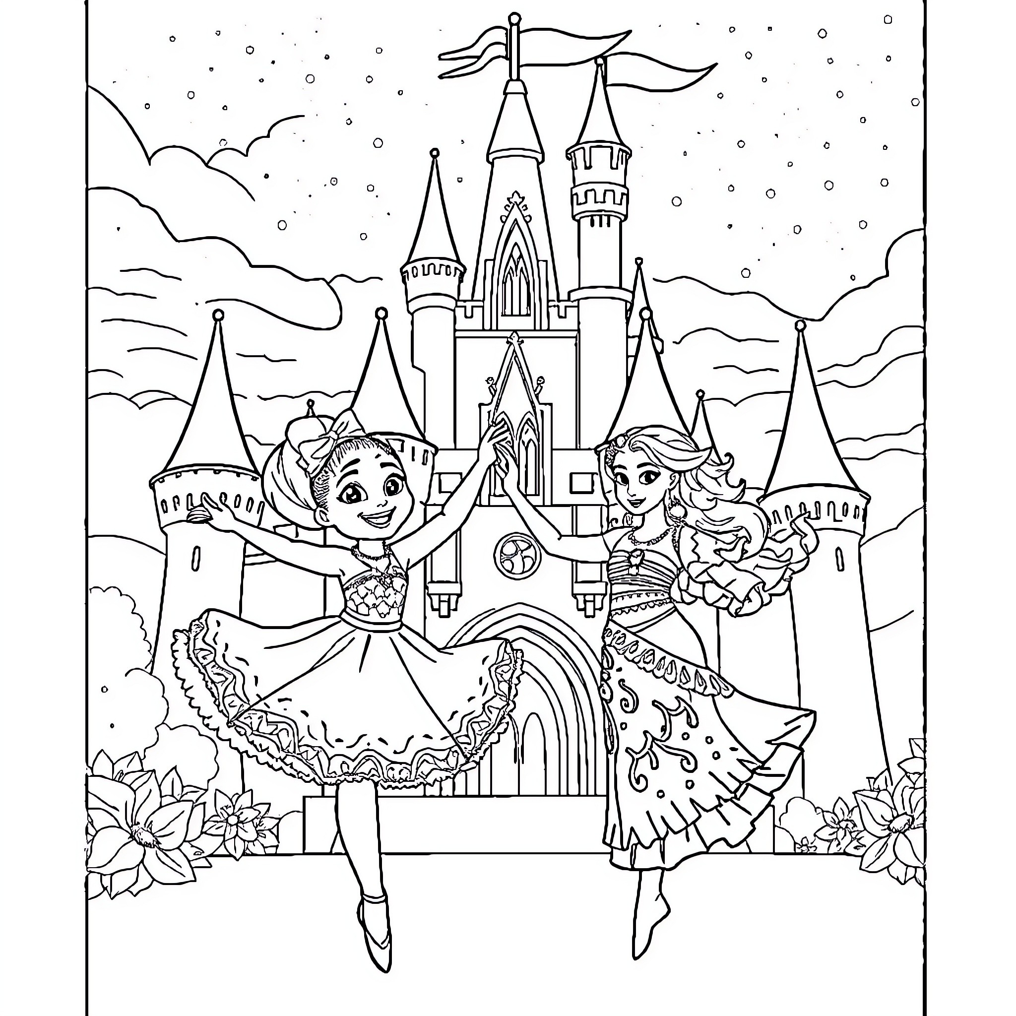 Bluey's Enchanting Castle Adventure Coloring Page (free black-and-white line drawing printable PDF for all, from beginners to advanced learners, including children, teens, adults, and seniors)