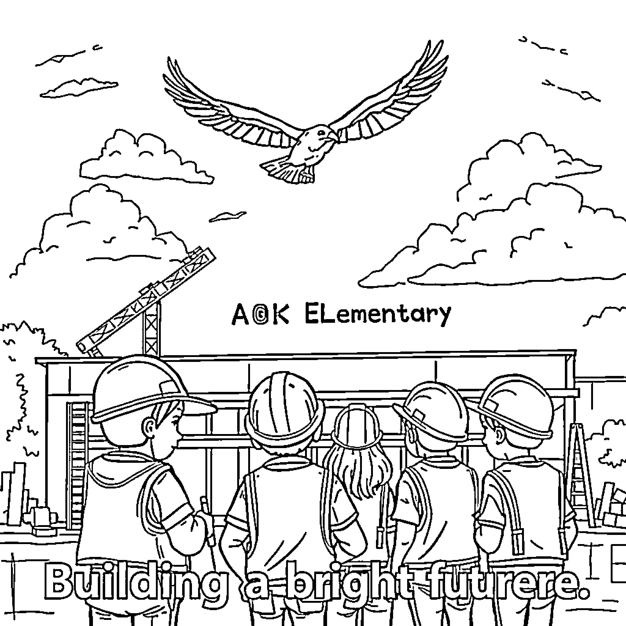 Eagle Soaring Above Construction Site Coloring Page (free black-and-white line drawing printable PDF for all, from beginners to advanced learners, including children, teens, adults, and seniors)