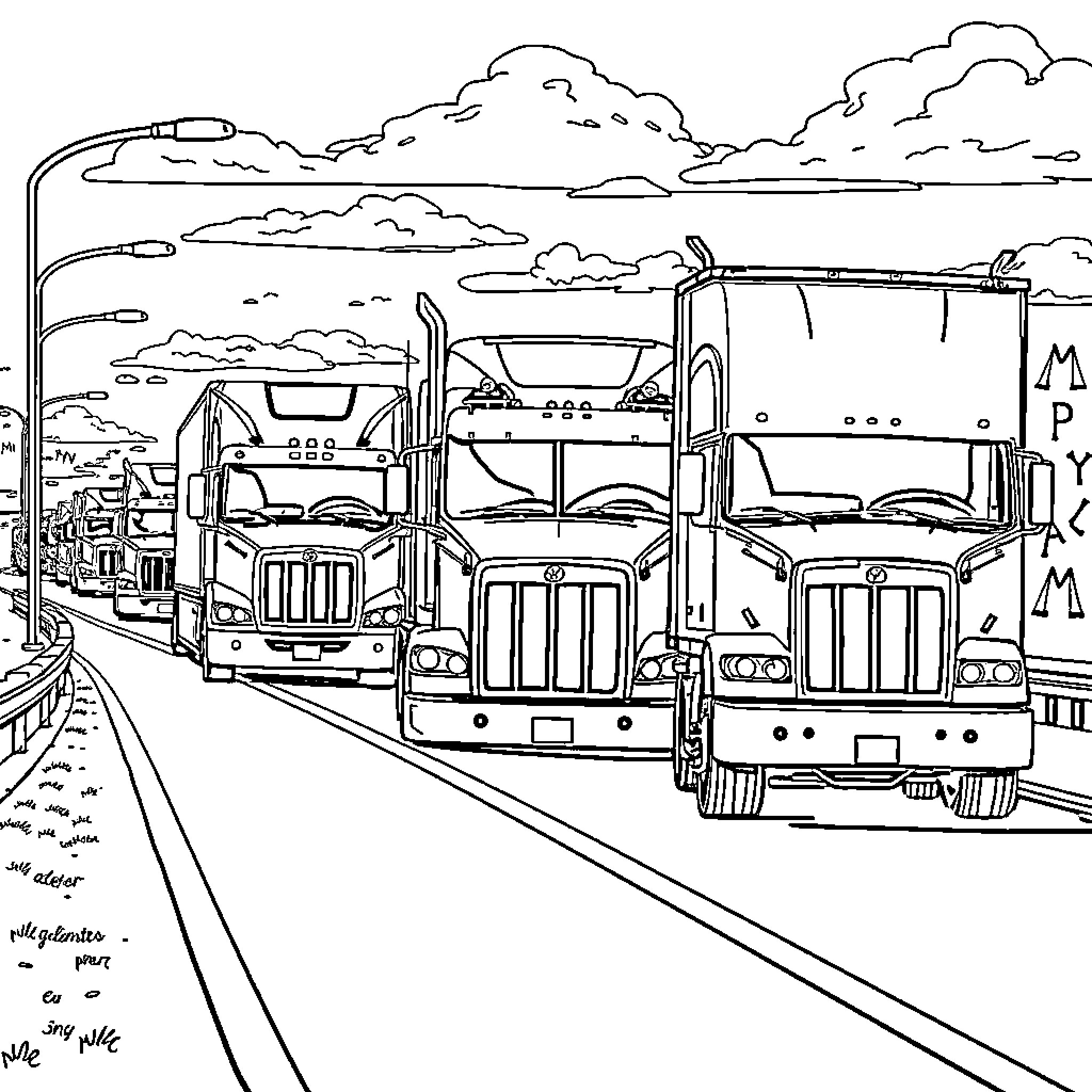 Truck convoy transporting cargo on highway Coloring Page (free black-and-white line drawing printable PDF for all, from beginners to advanced learners, including children, teens, adults, and seniors)