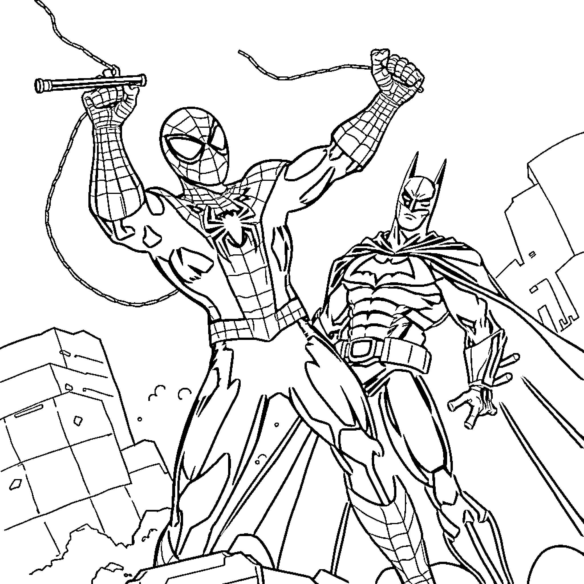 Spider-Man battling alongside Batman against foes Coloring Page (free black-and-white line drawing printable PDF for all, from beginners to advanced learners, including children, teens, adults, and seniors)