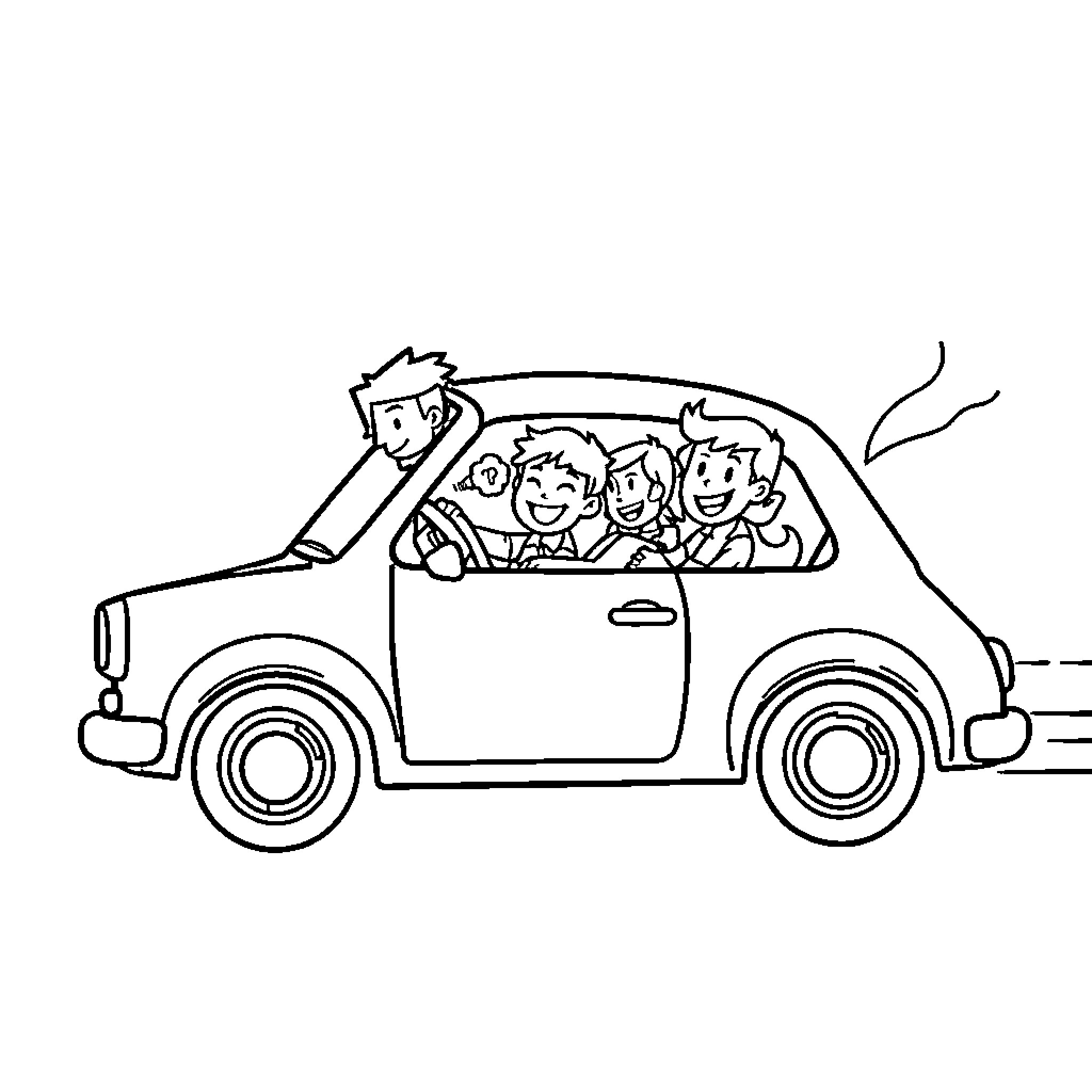 Voiture avec famille heureuse à bord Coloring Page (free black-and-white line drawing printable PDF for all, from beginners to advanced learners, including children, teens, adults, and seniors)