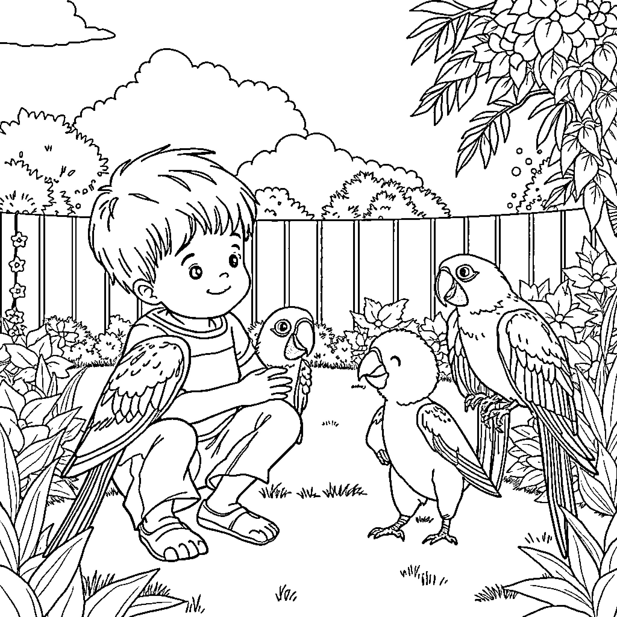 Boy playing with colorful birds in the garden Coloring Page (free black-and-white line drawing printable PDF for all, from beginners to advanced learners, including children, teens, adults, and seniors)
