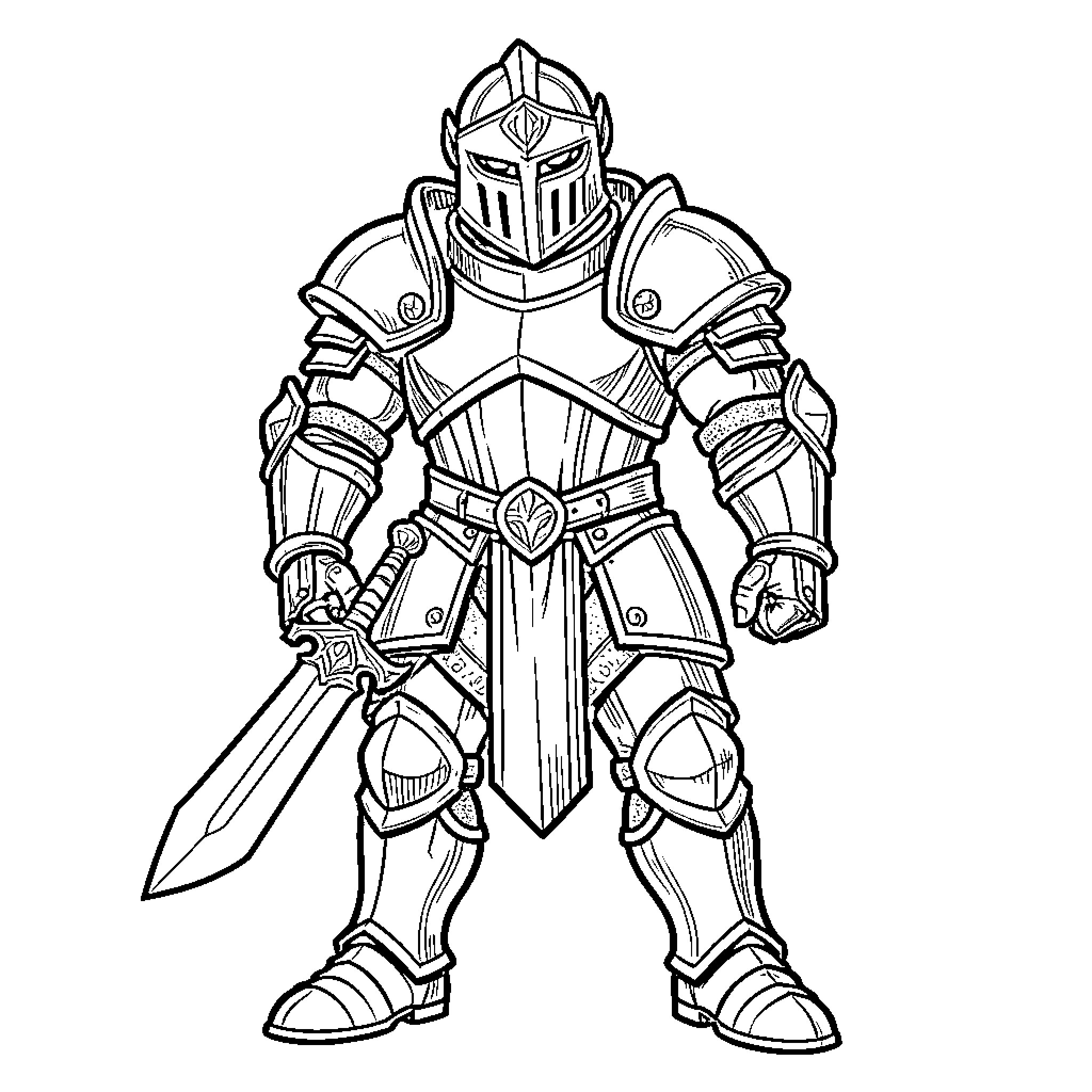 Monster Knight in full armor wielding a sword Coloring Page (free black-and-white line drawing printable PDF for all, from beginners to advanced learners, including children, teens, adults, and seniors)