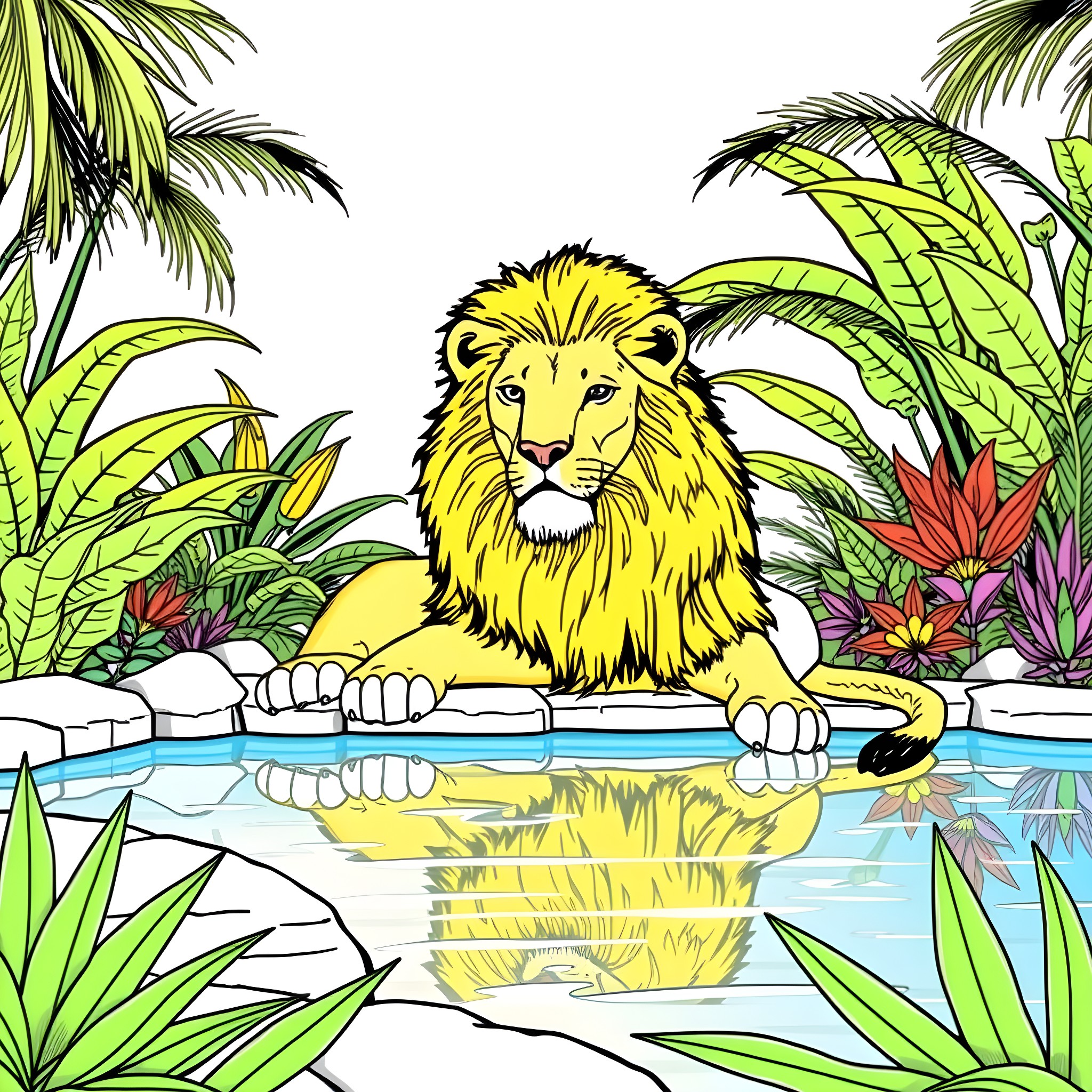 Lion relaxing in tropical pool with lush vegetation Coloring Page (free black-and-white line drawing printable PDF for all, from beginners to advanced learners, including children, teens, adults, and seniors)