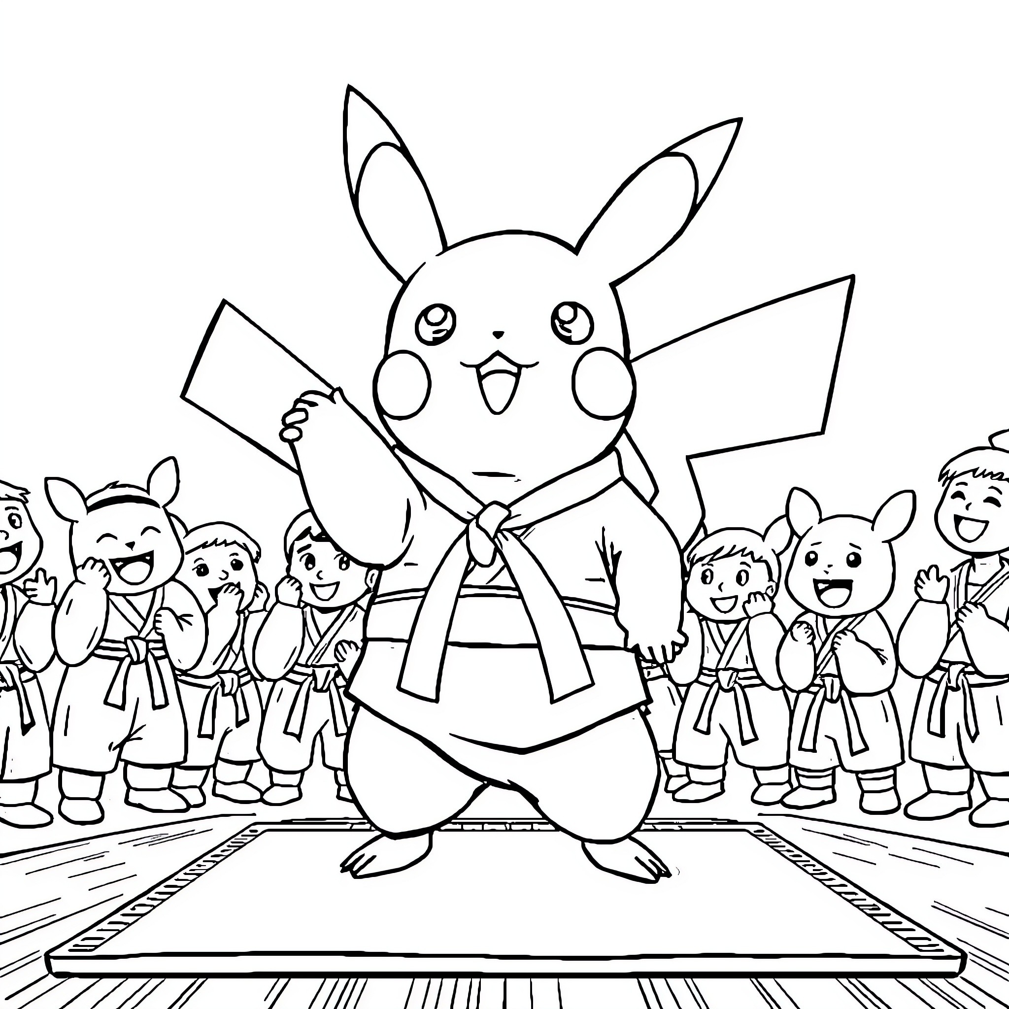 Pikachu leading a martial arts demonstration with Pokemon companions Coloring Page (free black-and-white line drawing printable PDF for all, from beginners to advanced learners, including children, teens, adults, and seniors)