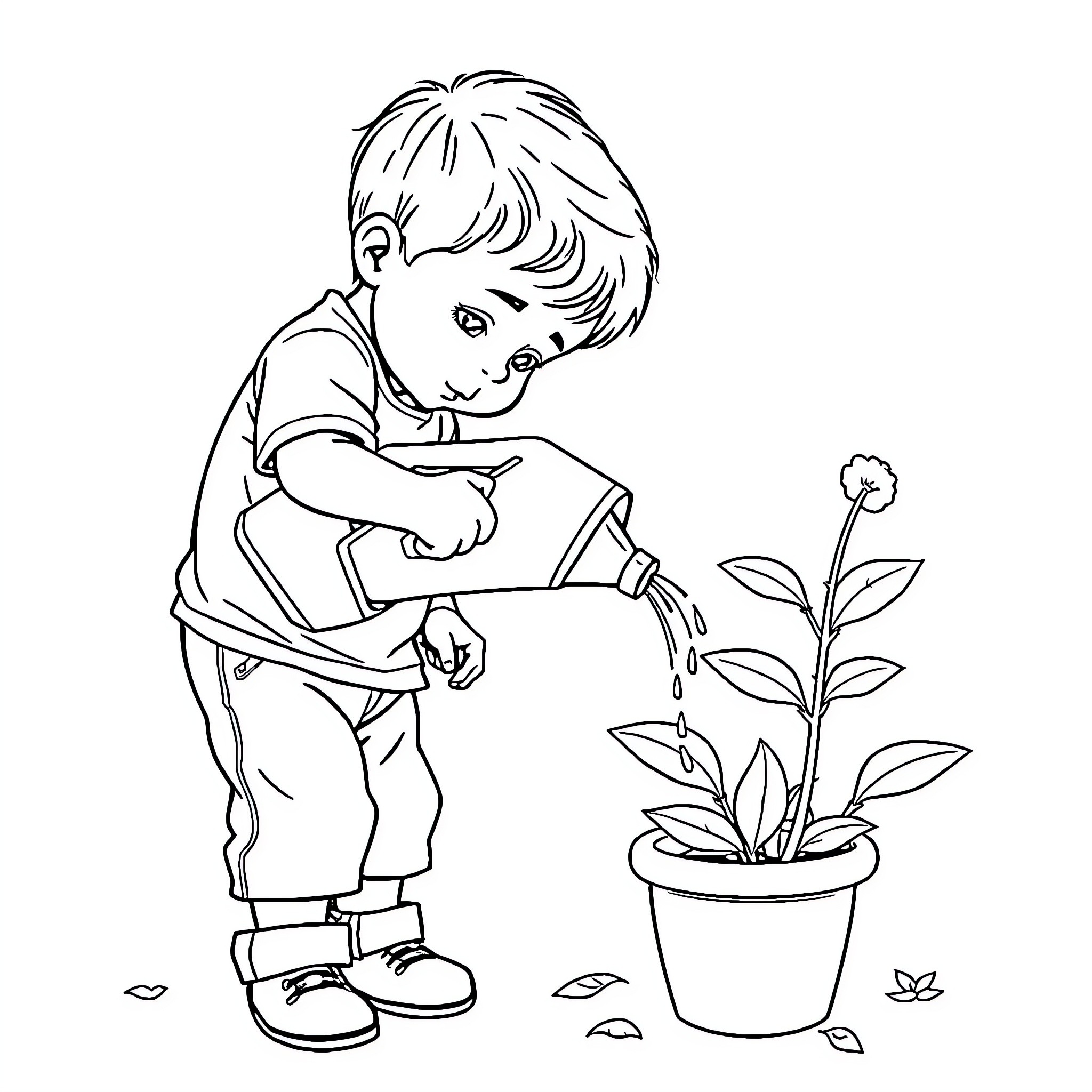 Boy watering a plant in a pot Coloring Page (free black-and-white line drawing printable PDF for all, from beginners to advanced learners, including children, teens, adults, and seniors)