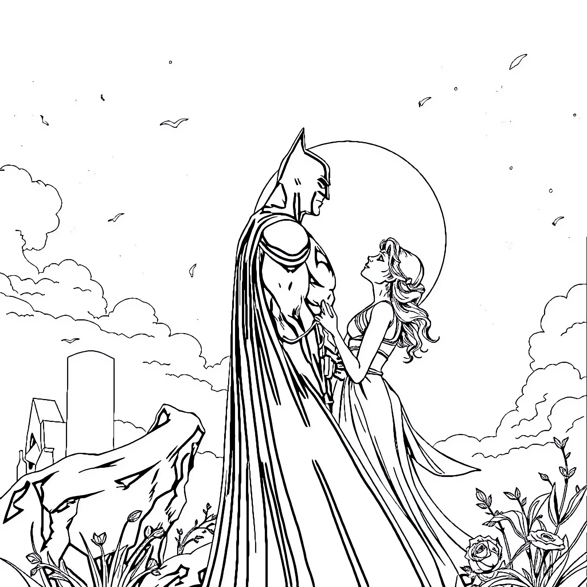 Batman and Princess Embracing in Moonlit Garden Coloring Page (free black-and-white line drawing printable PDF for all, from beginners to advanced learners, including children, teens, adults, and seniors)