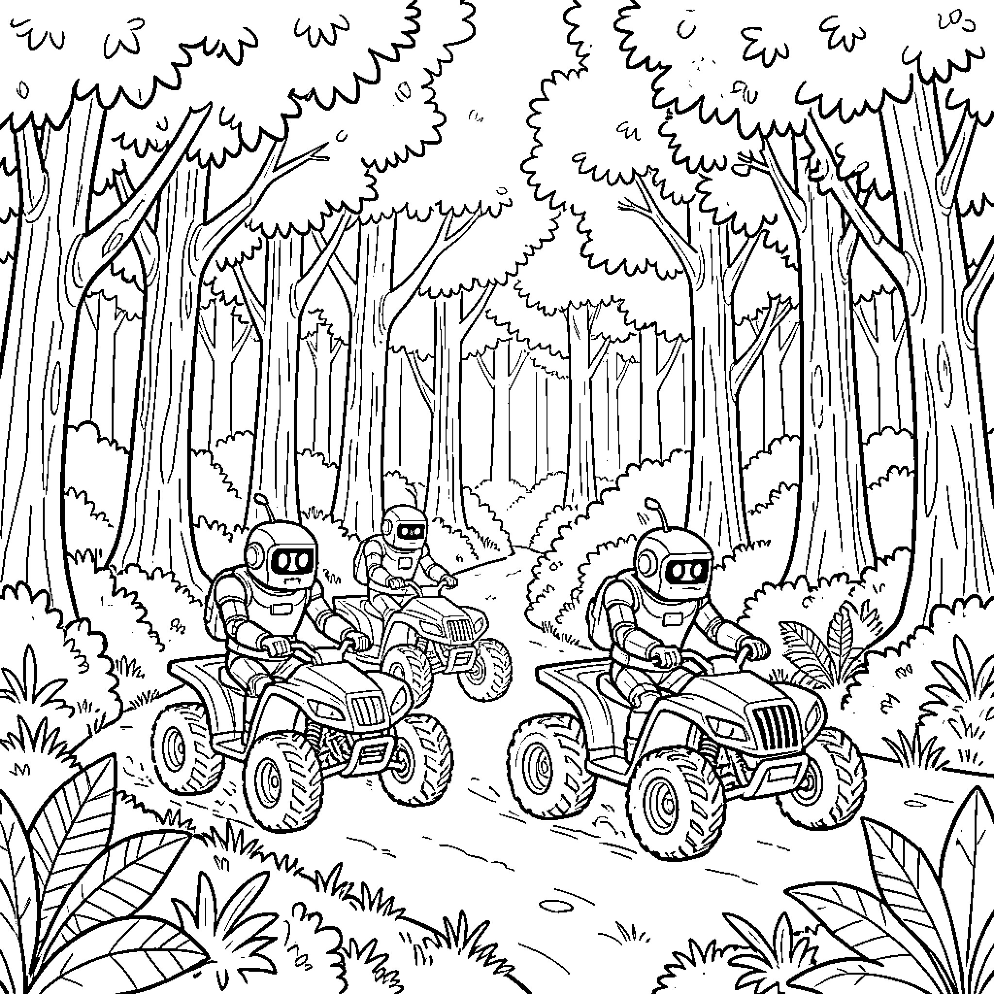 Robot Riders Exploring the Wilderness Trail Coloring Page (free black-and-white line drawing printable PDF for all, from beginners to advanced learners, including children, teens, adults, and seniors)