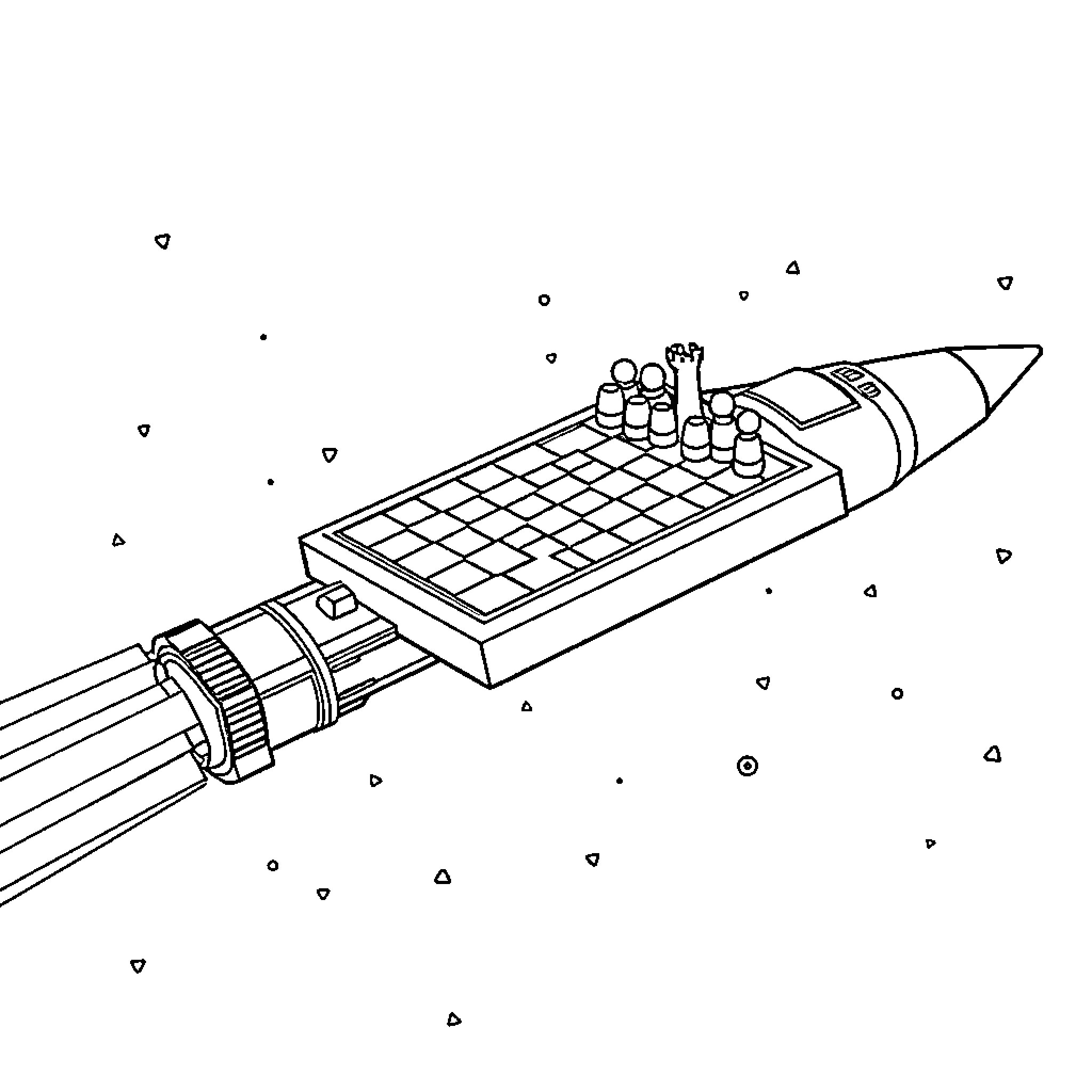 Chessboard on a Rocket in Space Coloring Page (free black-and-white line drawing printable PDF for all, from beginners to advanced learners, including children, teens, adults, and seniors)