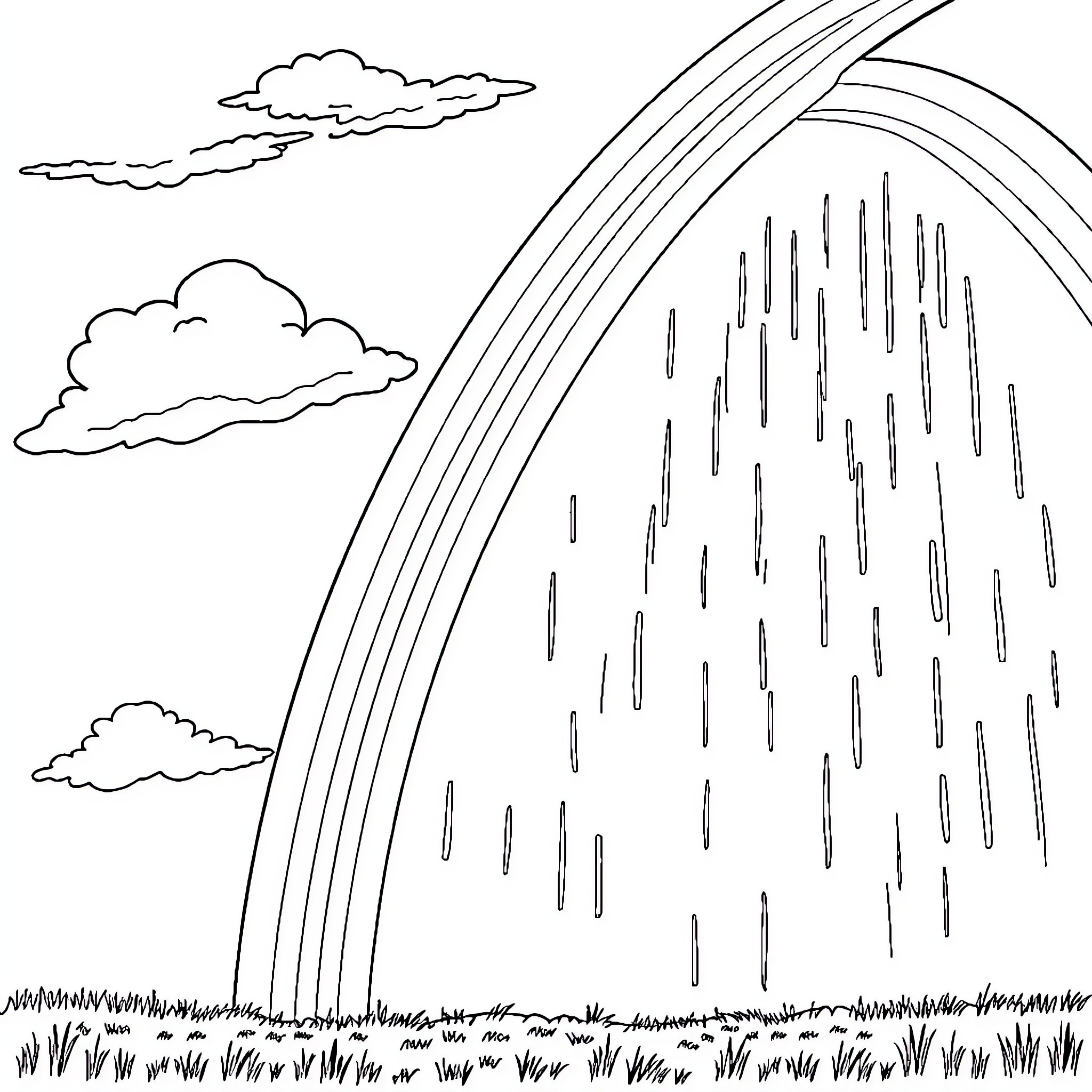 Rainbow Cascading Downpour over Scenic Landscape Coloring Page (free black-and-white line drawing printable PDF for all, from beginners to advanced learners, including children, teens, adults, and seniors)