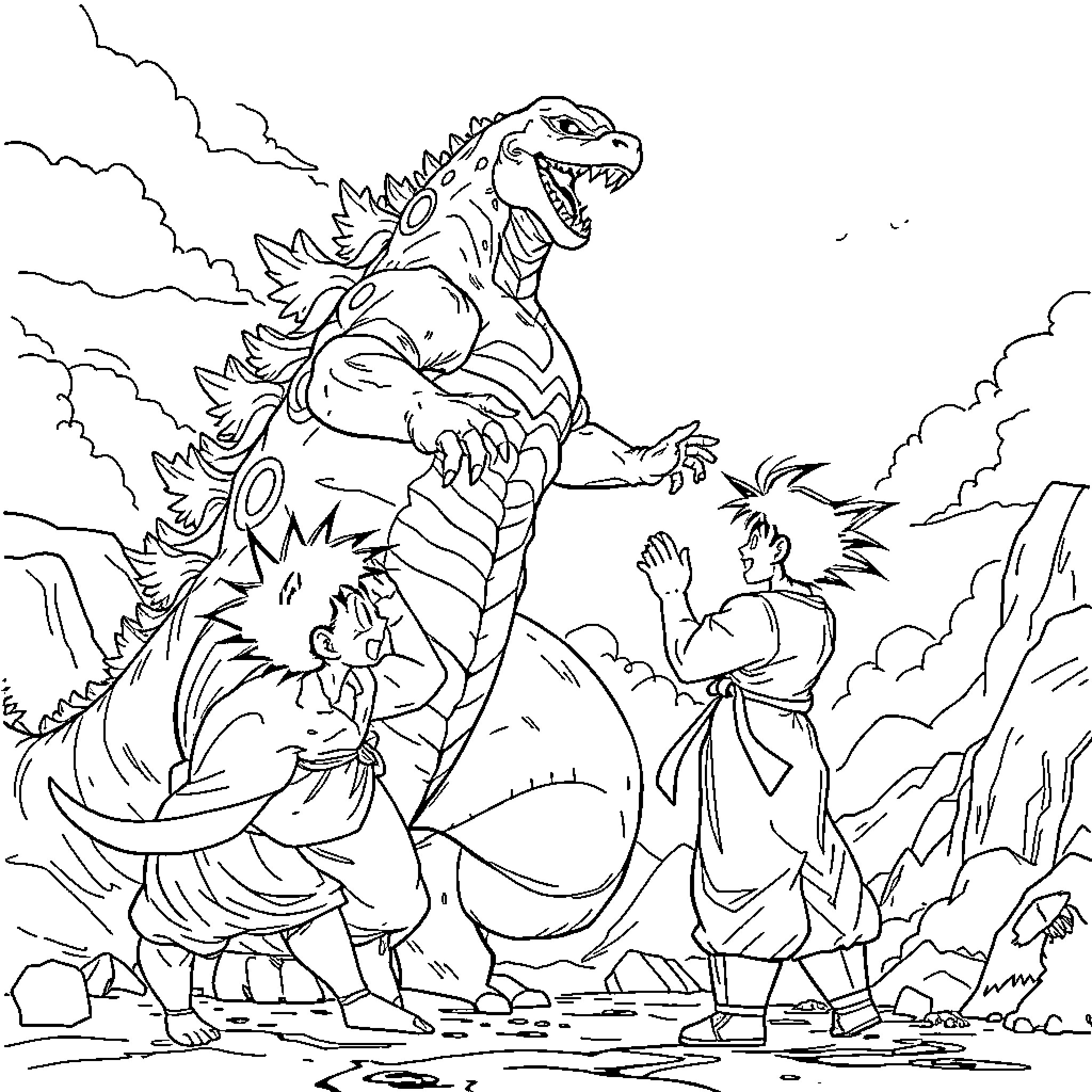 Kirito confronting a fearsome dragon in the wilderness Coloring Page (free black-and-white line drawing printable PDF for all, from beginners to advanced learners, including children, teens, adults, and seniors)