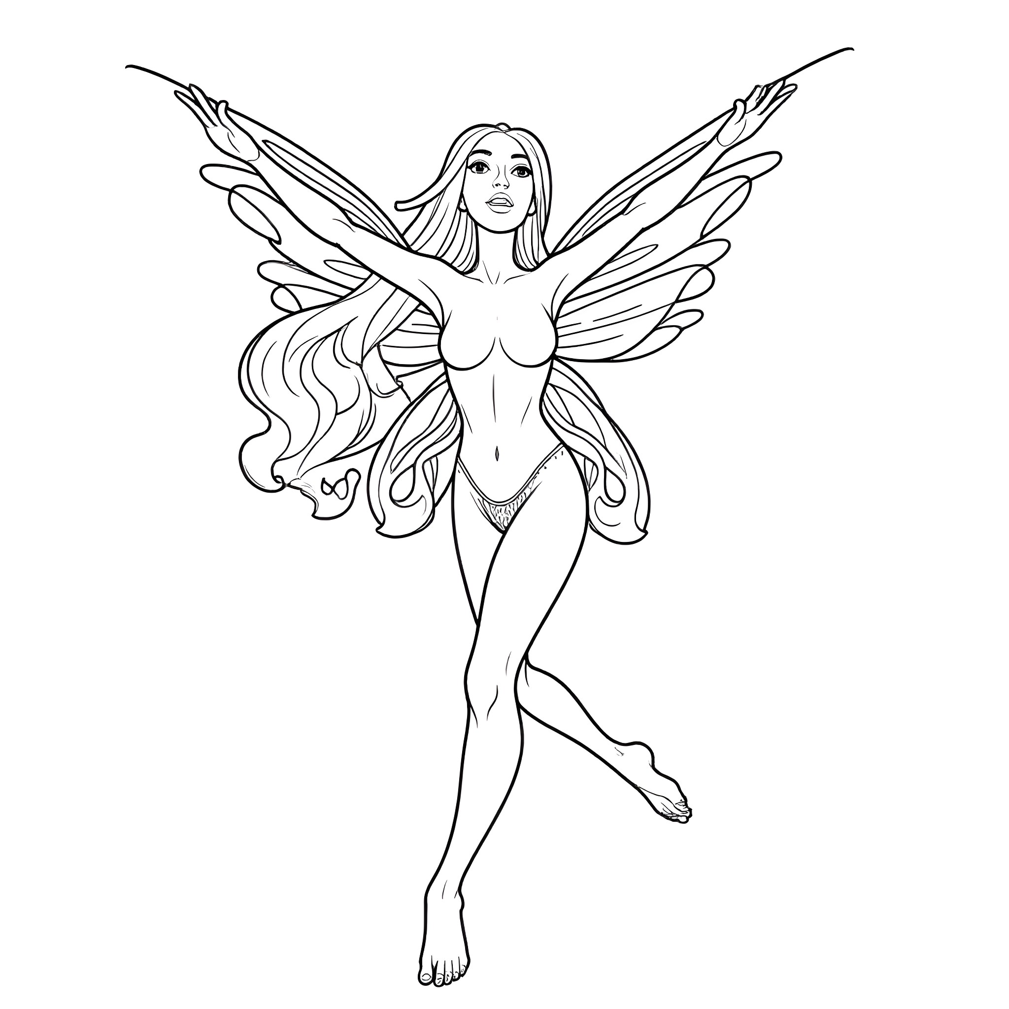 Aquarius woman with graceful fairy wings Coloring Page (free black-and-white line drawing printable PDF for all, from beginners to advanced learners, including children, teens, adults, and seniors)