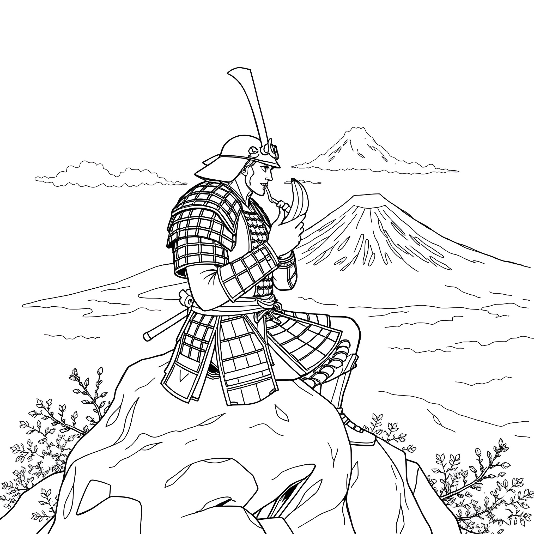 Samurai warrior standing on rocky cliffs with Mount Fuji Coloring Page (free black-and-white line drawing printable PDF for all, from beginners to advanced learners, including children, teens, adults, and seniors)