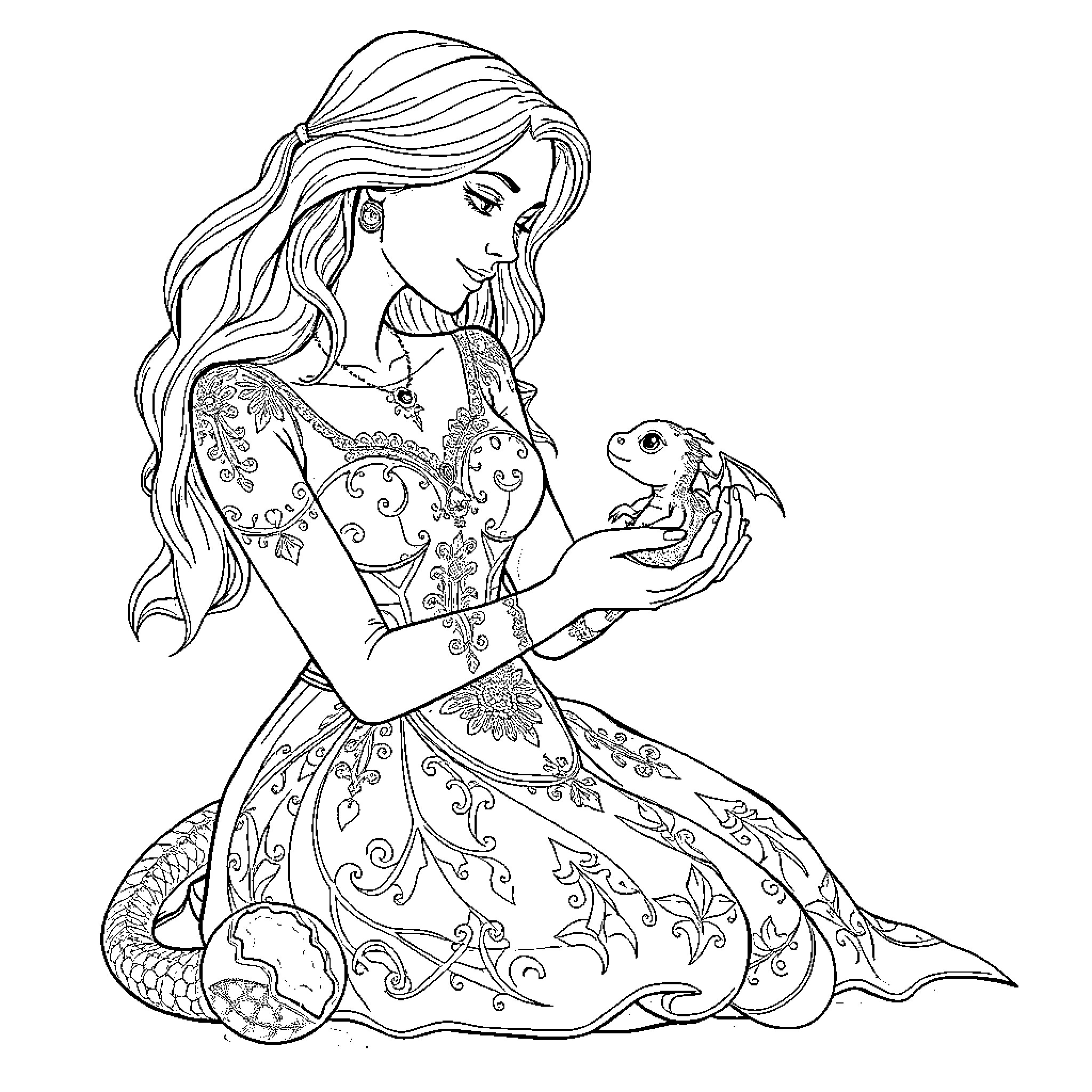 Woman admiring a frog in a detailed dress Coloring Page (free black-and-white line drawing printable PDF for all, from beginners to advanced learners, including children, teens, adults, and seniors)