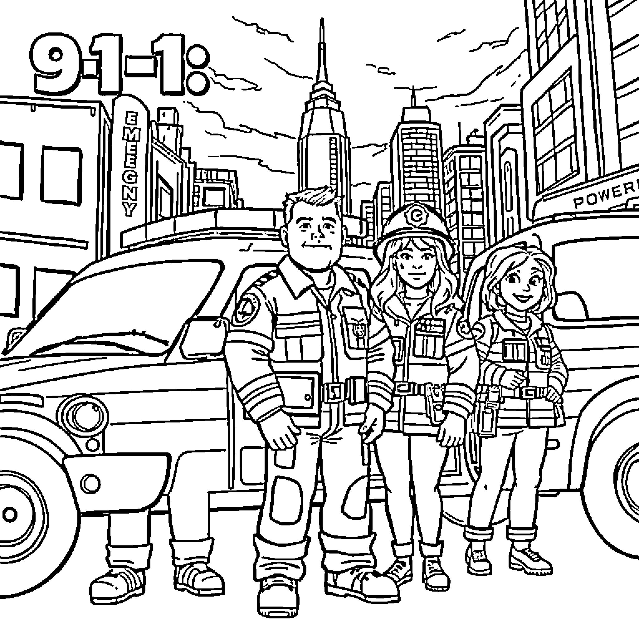911 Character Responding to Emergency in the City Coloring Page (free black-and-white line drawing printable PDF for all, from beginners to advanced learners, including children, teens, adults, and seniors)