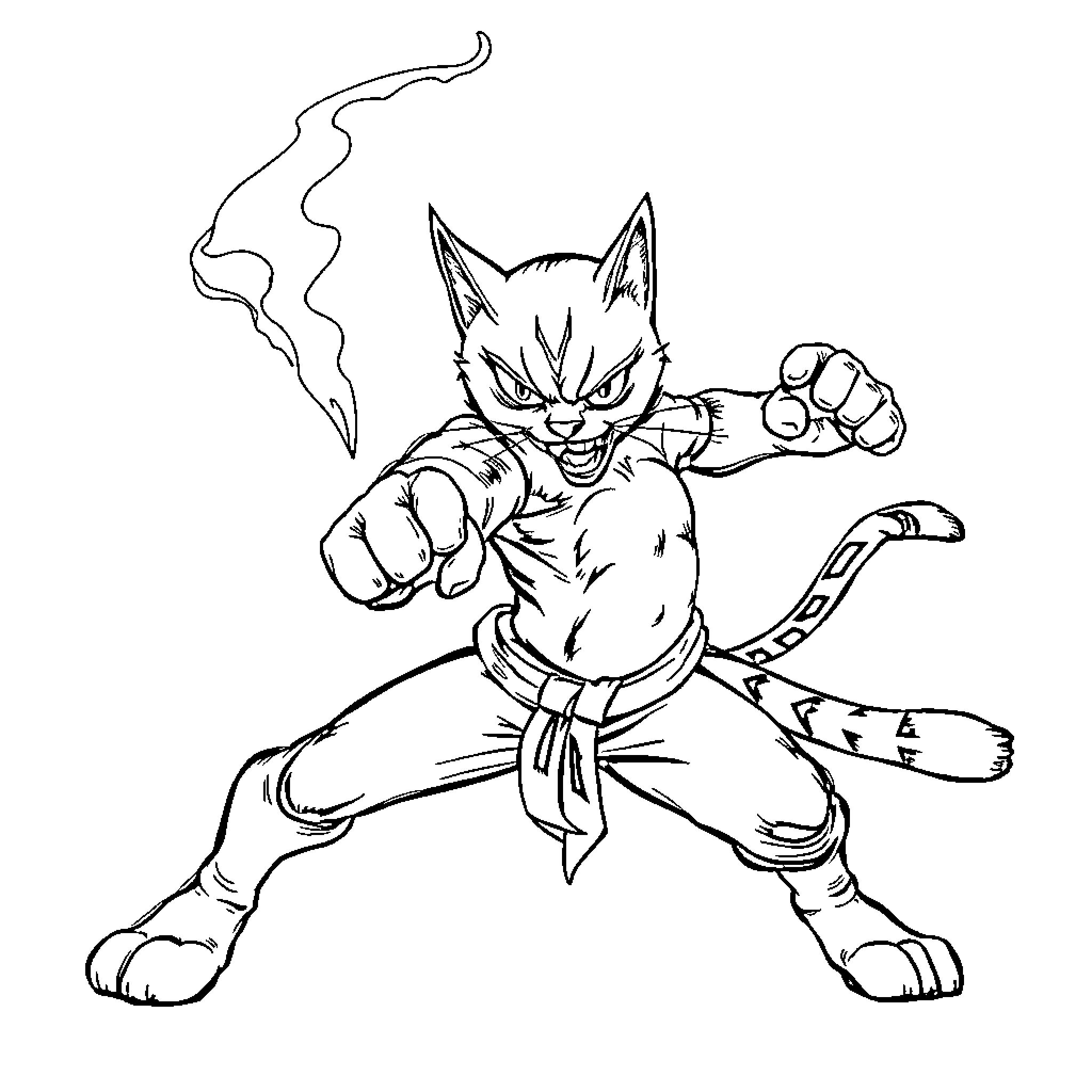 Cat warrior character in action pose Coloring Page (free black-and-white line drawing printable PDF for all, from beginners to advanced learners, including children, teens, adults, and seniors)