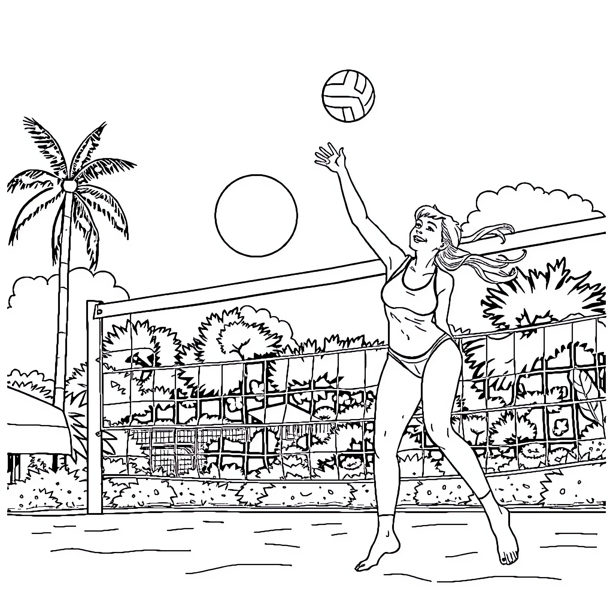 Nami playing volleyball at the beach Coloring Page (free black-and-white line drawing printable PDF for all, from beginners to advanced learners, including children, teens, adults, and seniors)