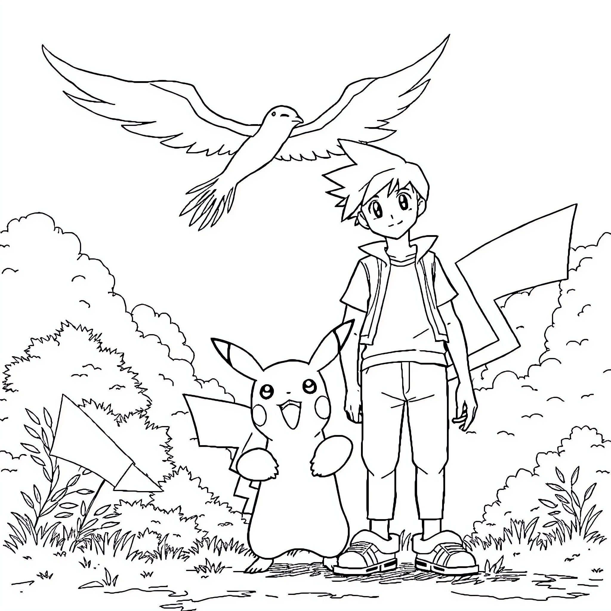 Pikachu and a boy exploring the outdoors Coloring Page (free black-and-white line drawing printable PDF for all, from beginners to advanced learners, including children, teens, adults, and seniors)