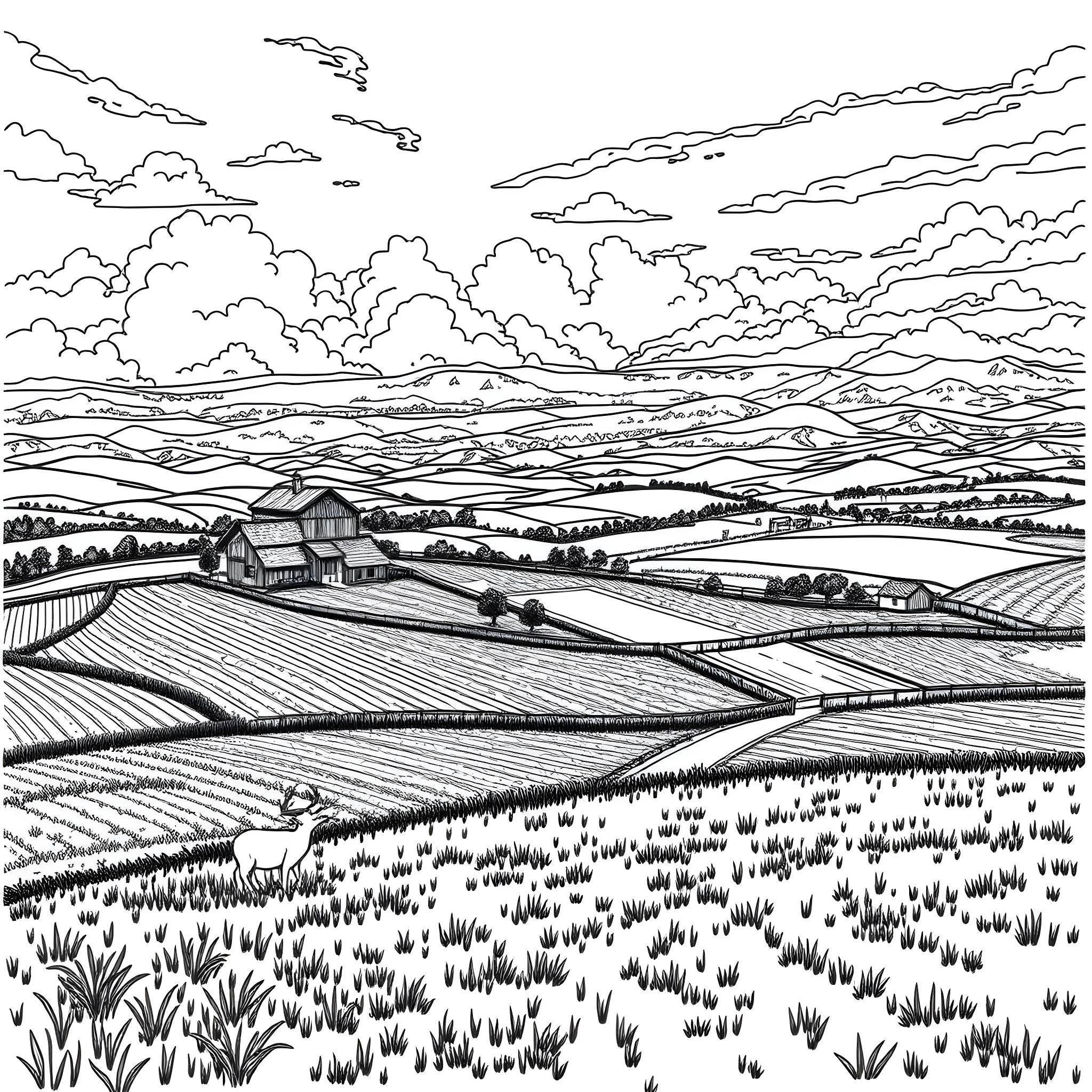 Boonie farm fields and countryside landscape Coloring Page (free black-and-white line drawing printable PDF for all, from beginners to advanced learners, including children, teens, adults, and seniors)