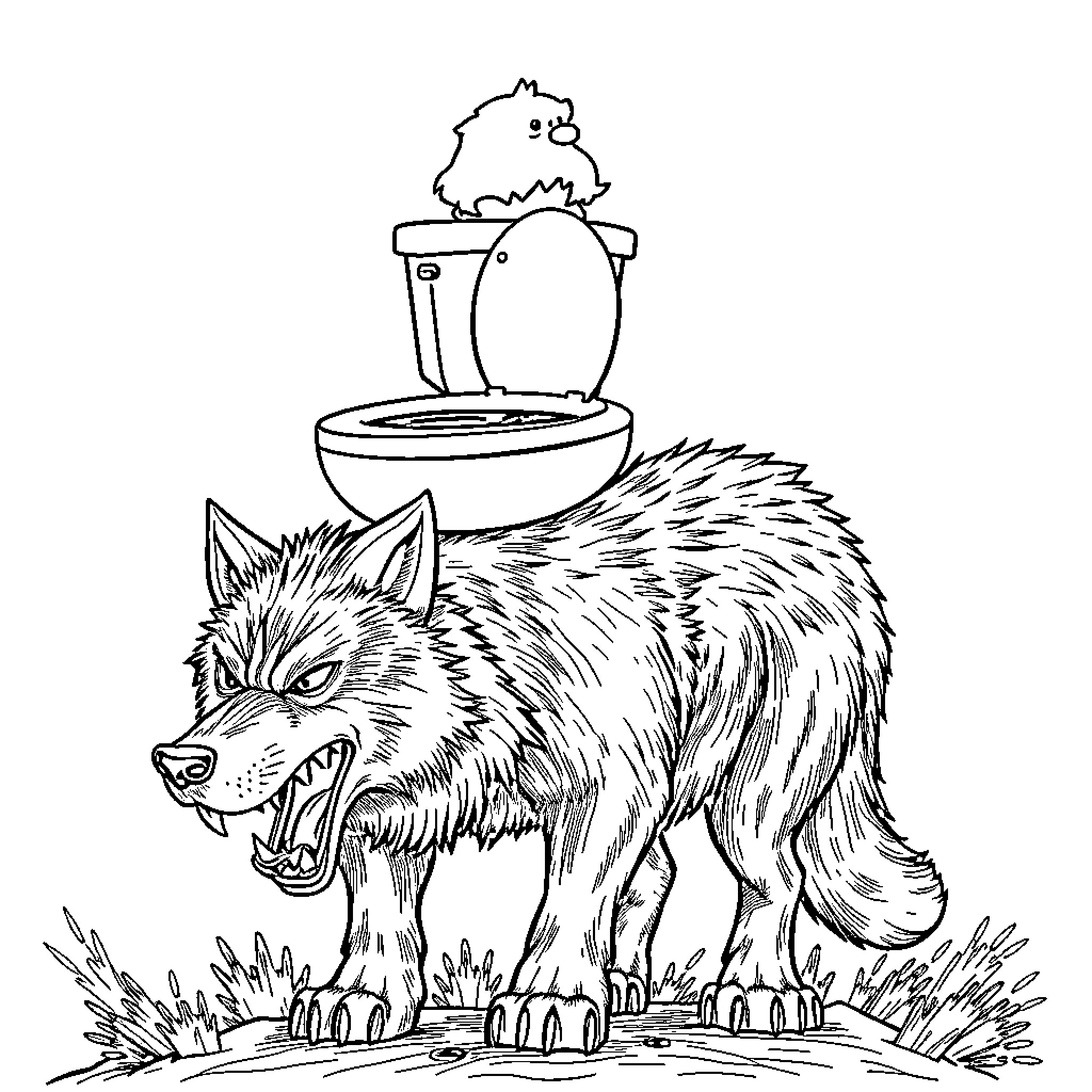 Skibidi Toilet Wolf Sitting on Toilet Coloring Page (free black-and-white line drawing printable PDF for all, from beginners to advanced learners, including children, teens, adults, and seniors)