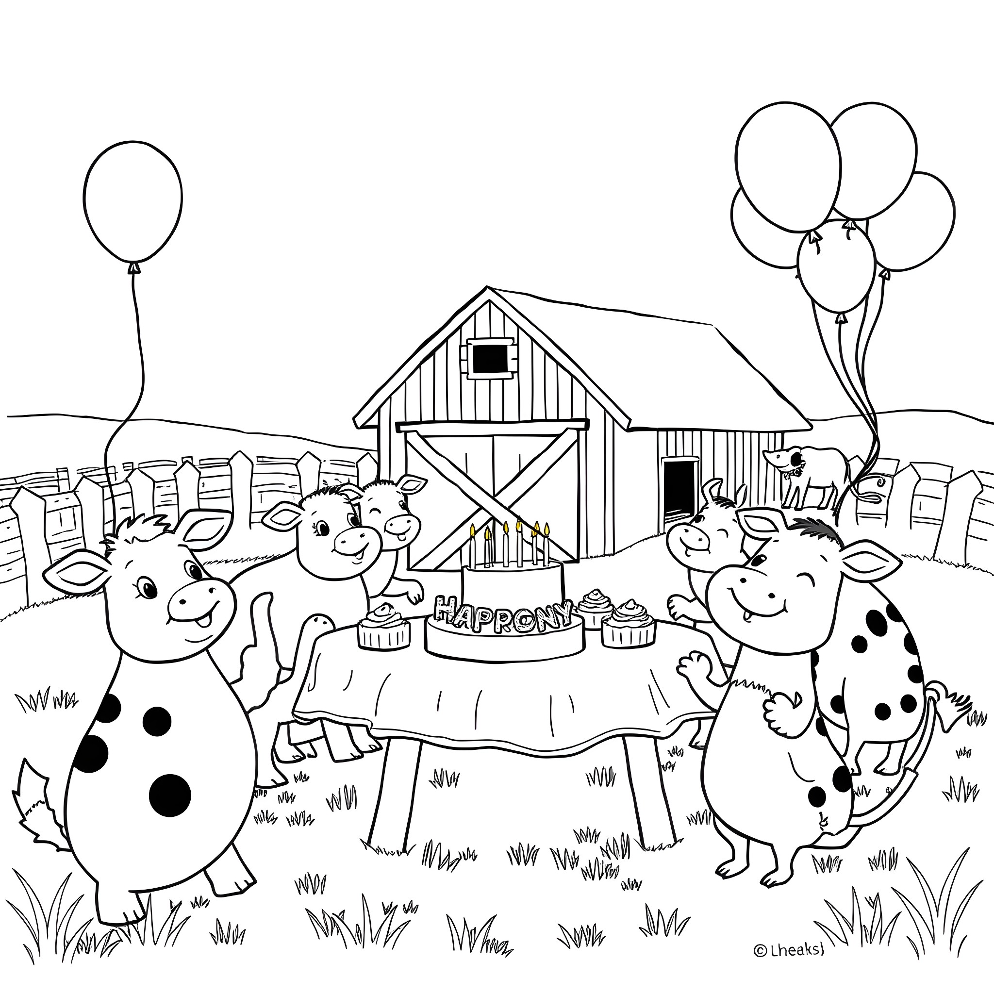 Farm Animals Celebrating Birthday Party on the Farm Coloring Page (free black-and-white line drawing printable PDF for all, from beginners to advanced learners, including children, teens, adults, and seniors)