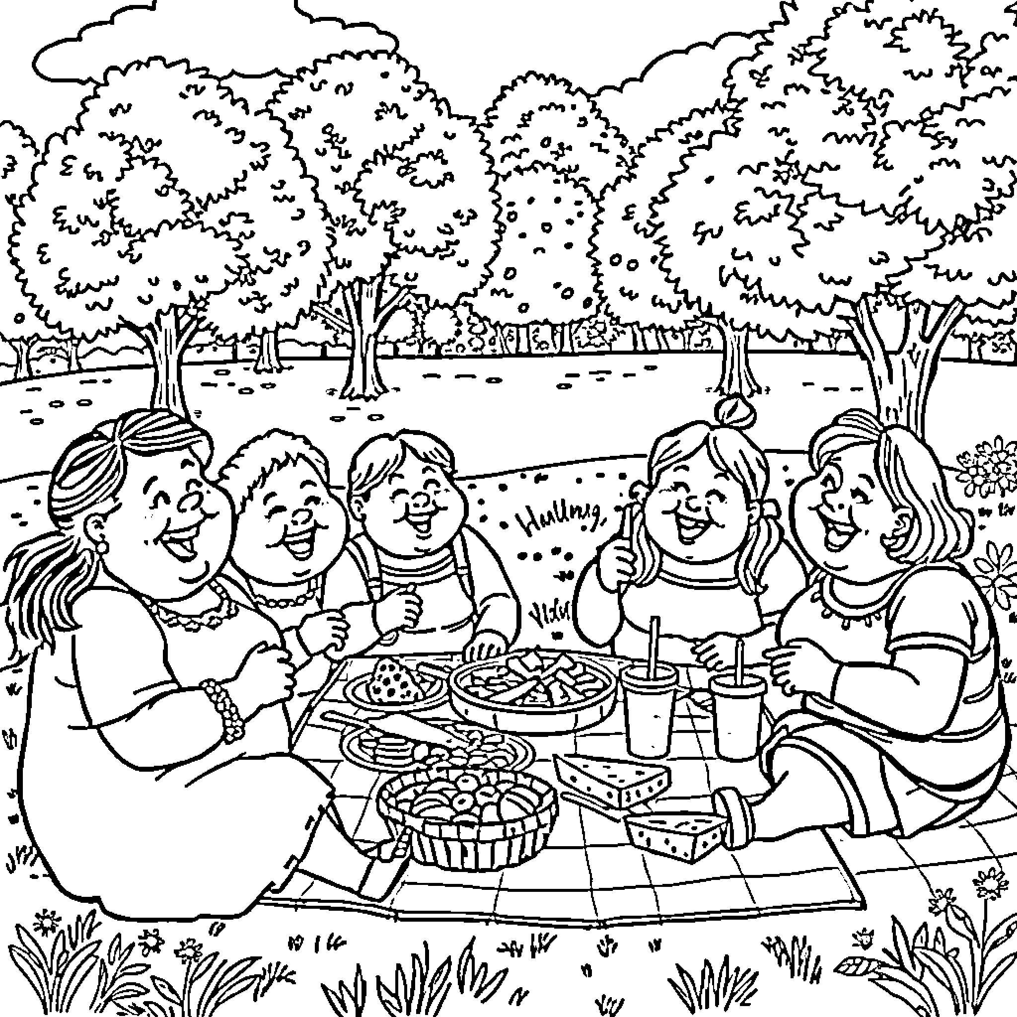 Person having a picnic with friends in nature Coloring Page (free black-and-white line drawing printable PDF for all, from beginners to advanced learners, including children, teens, adults, and seniors)
